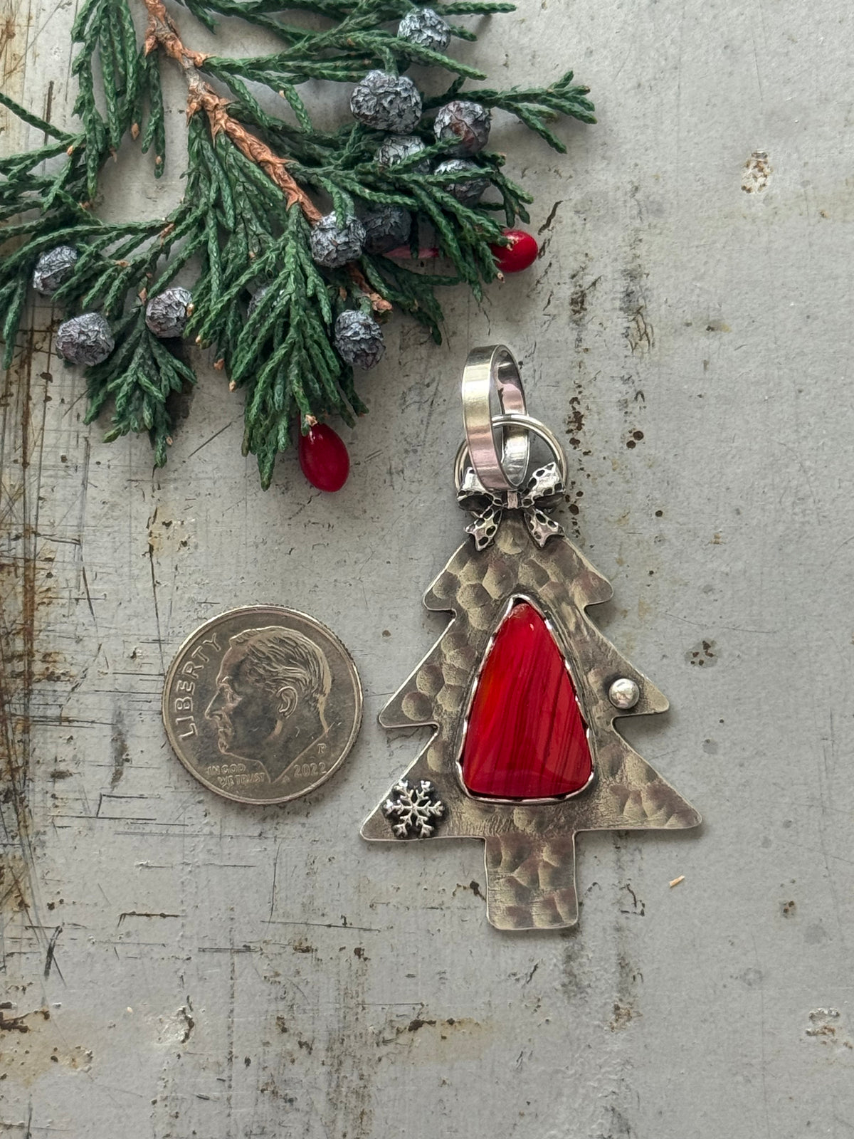 Christmas tree sterling pendant with Rosarita, a bow and snowflake