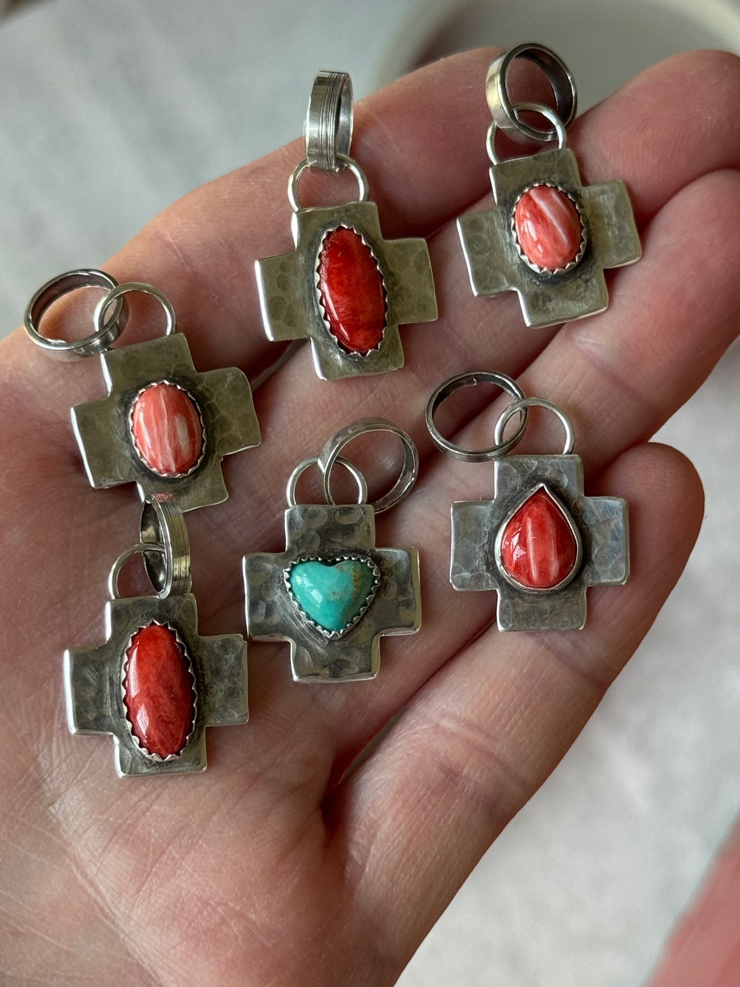 Red Spiny Oyster sterling cross pendant