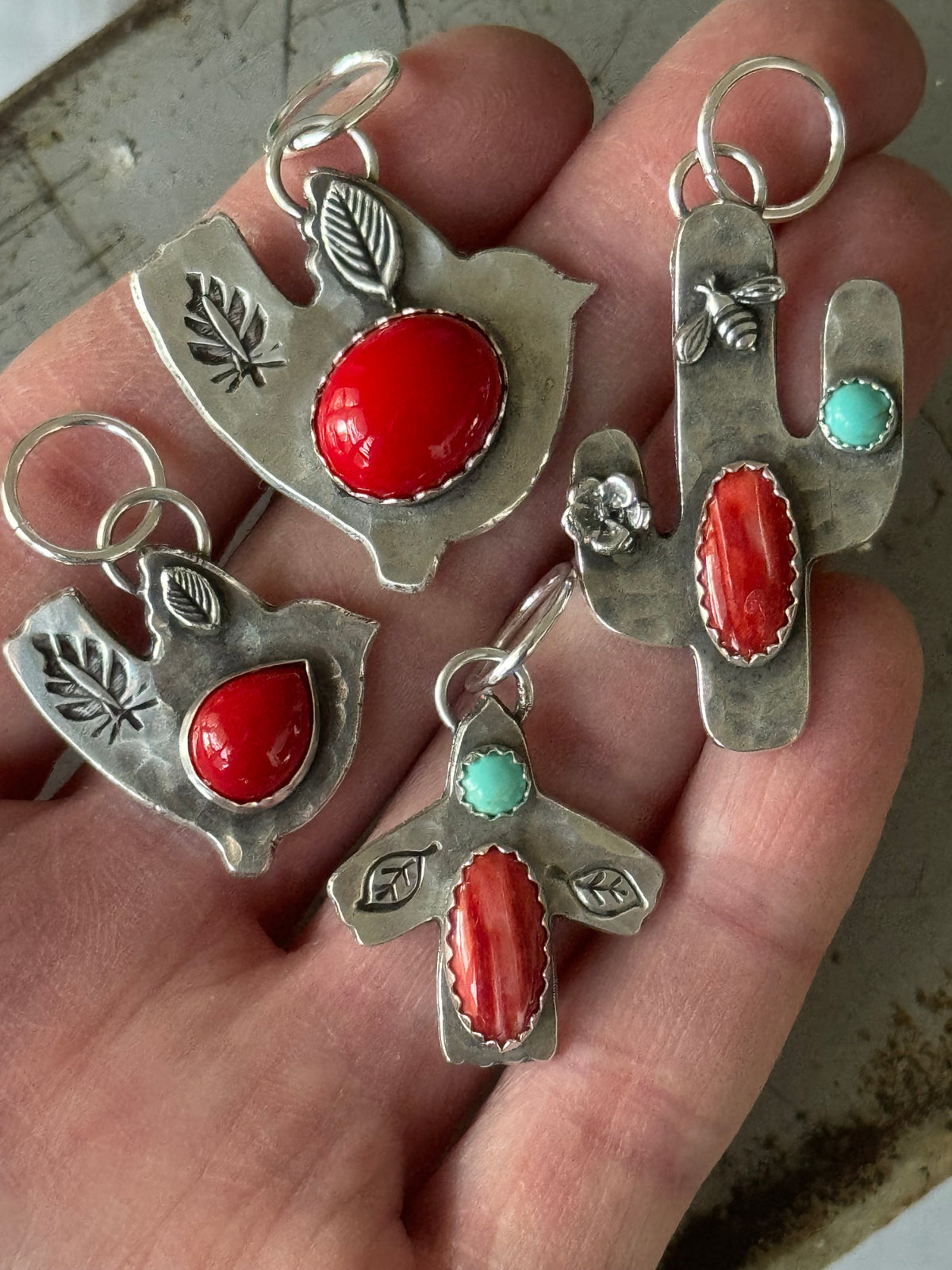 Cactus sterling pendant with Red Spiny Oyster and Kingman Turquoise