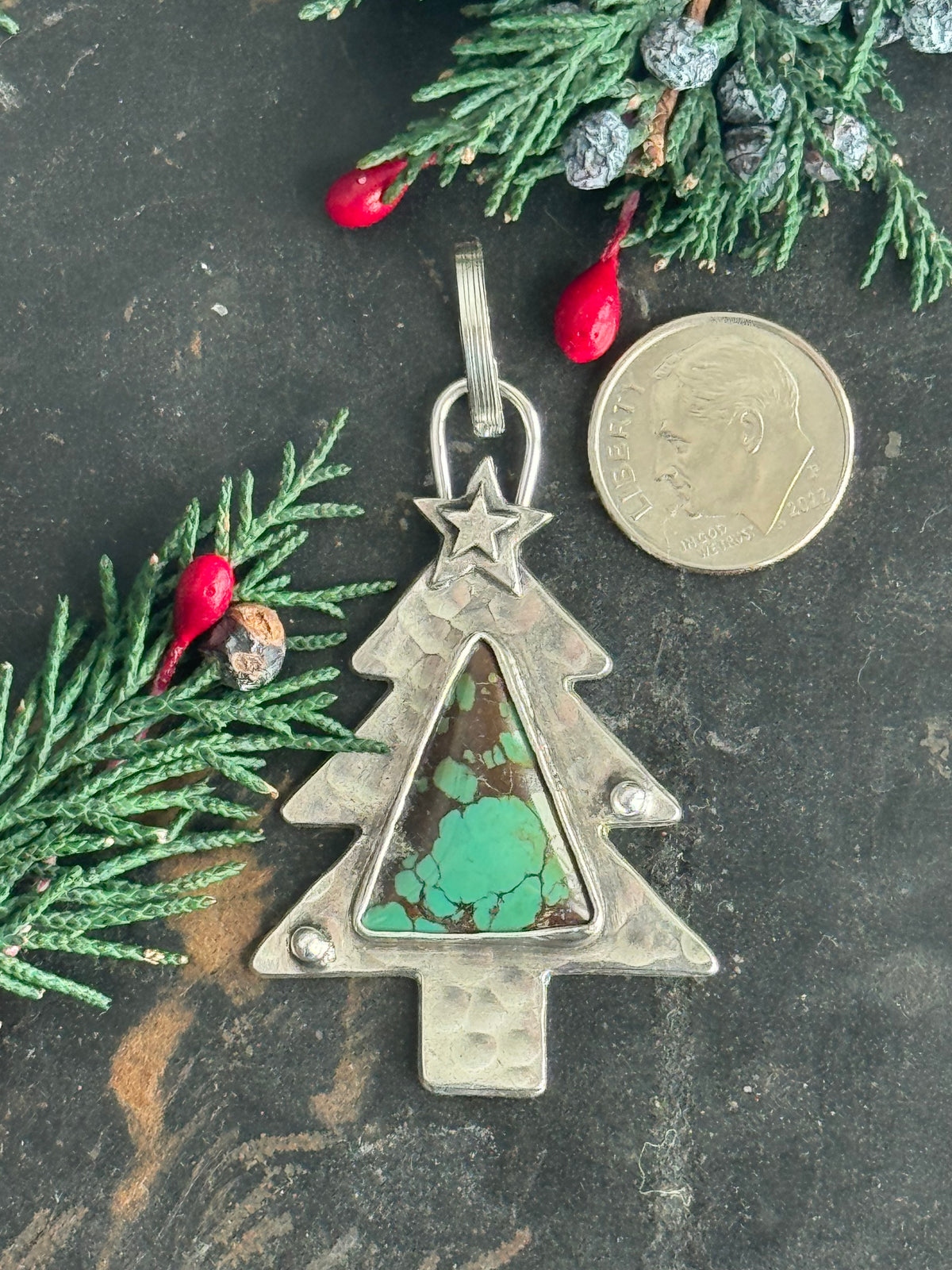 Christmas tree sterling pendant with Treasure Mountain Turquoise