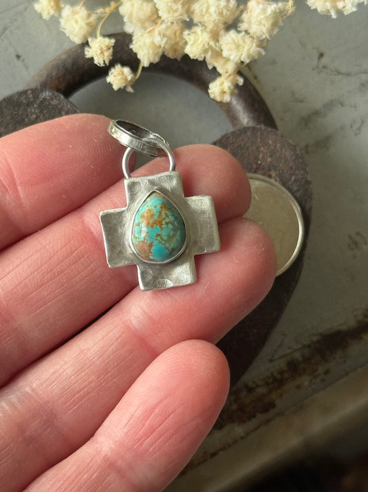 Sterling cross pendant with Number 8 Turquoise