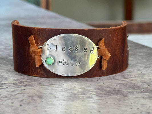 Blessed Kingman Turquoise leather adjustable bracelet/cuff