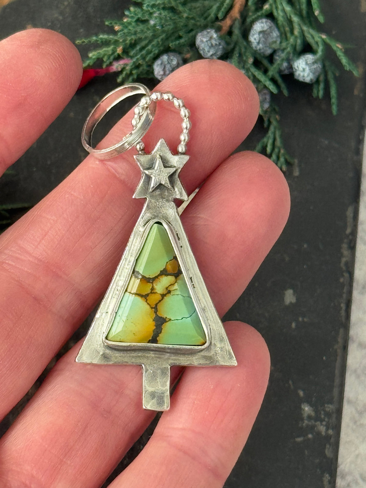 Christmas tree sterling pendant with Treasure Mountain Turquoise
