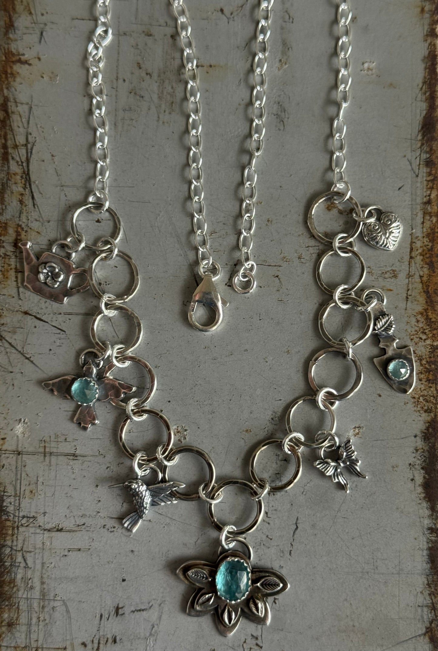 Garden sterling charm necklace with Kyanite, Blue Tourmaline and Aquamarine