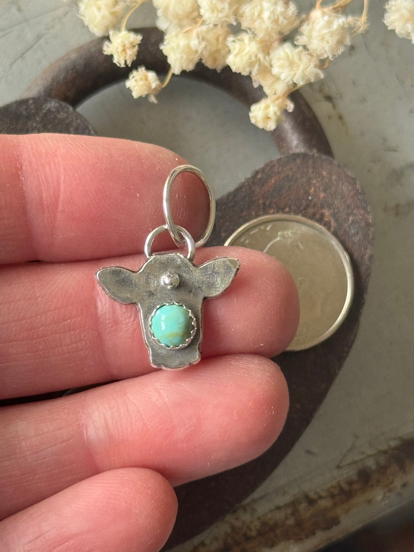 Sterling cow charm with Kingman Turquoise