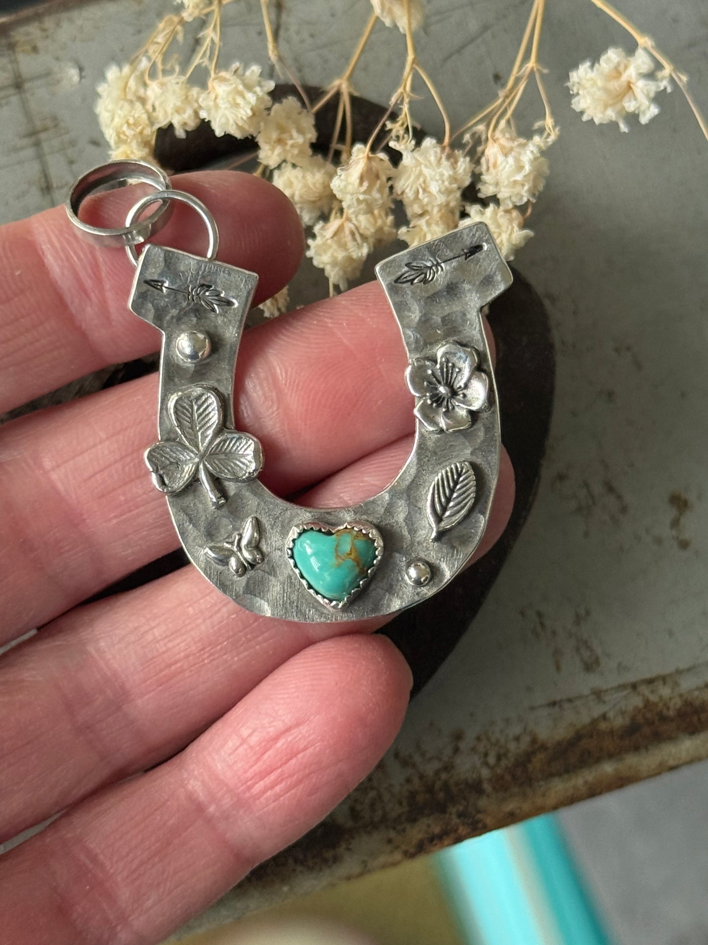 Large Horseshoe Kingman Turquoise sterling pendant
