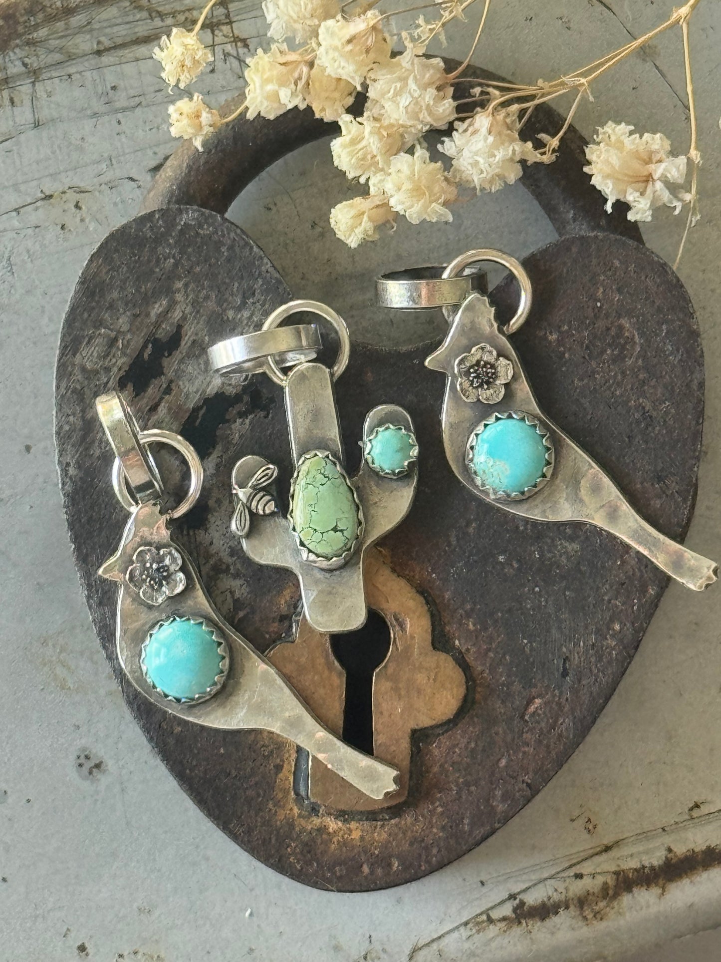 Cactus sterling pendant with Blue Moon Turquoise and Kingman Turquoise