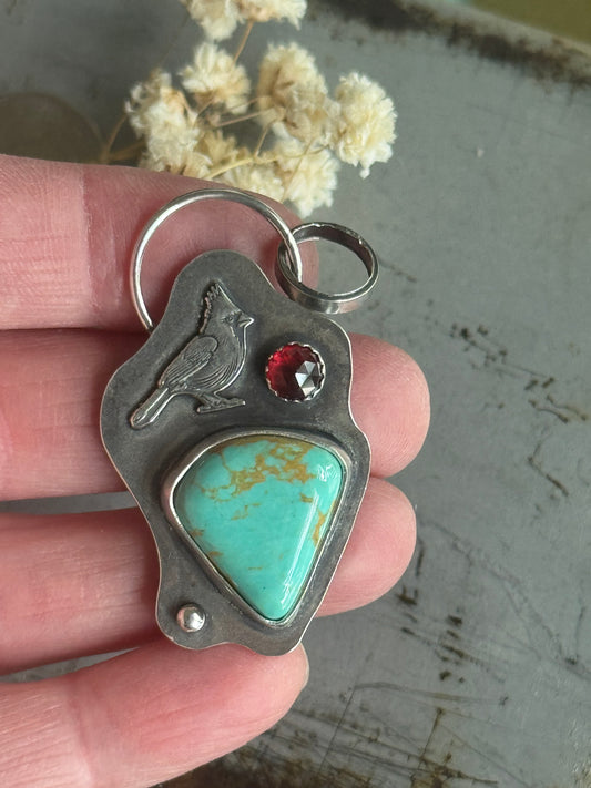 Cardinal sterling pendant with Tyrone Turquoise and Garnet accent