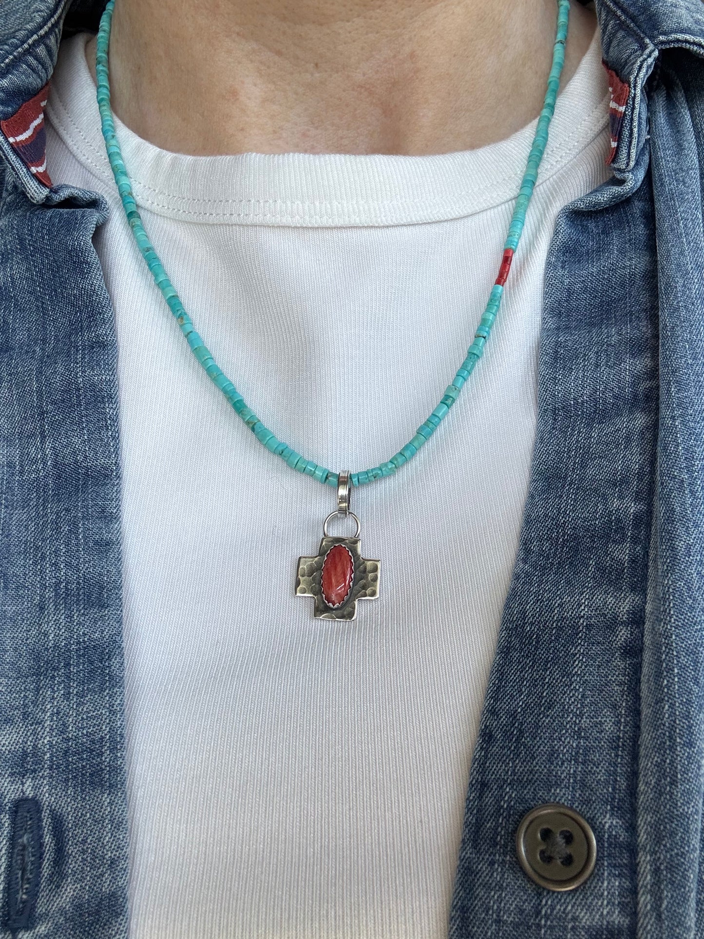 Red Spiny Oyster sterling cross pendant