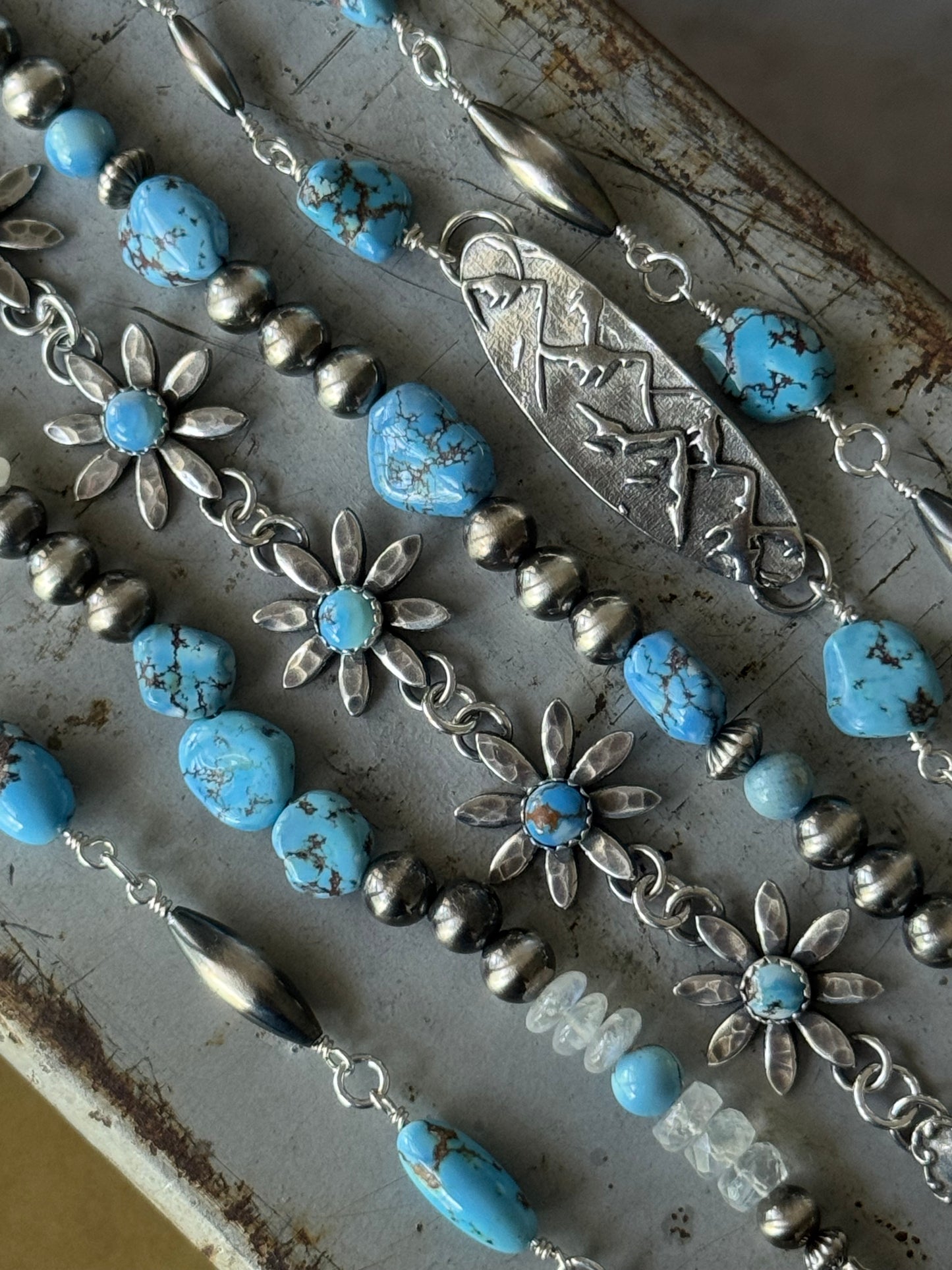 Artisan Golden Hills Turquoise hand wired sterling bracelet