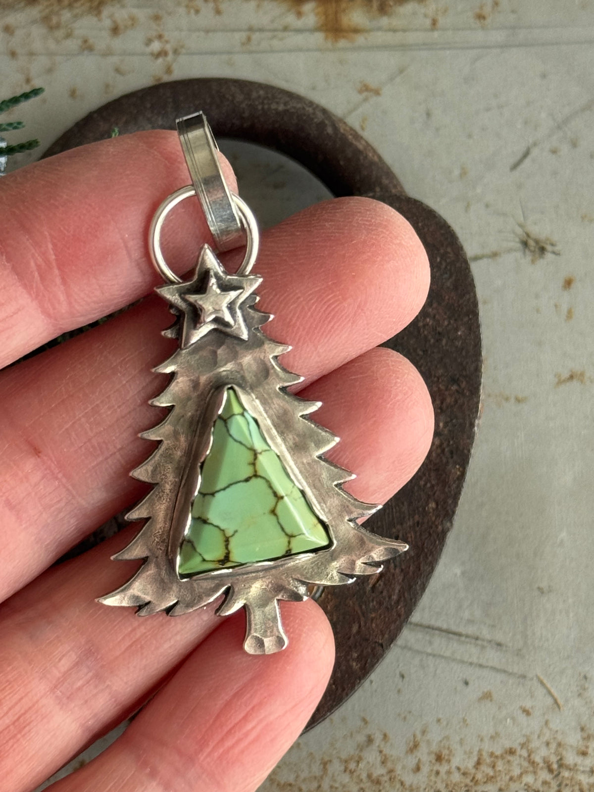 Christmas tree sterling pendant with Treasure Mountain Turquoise
