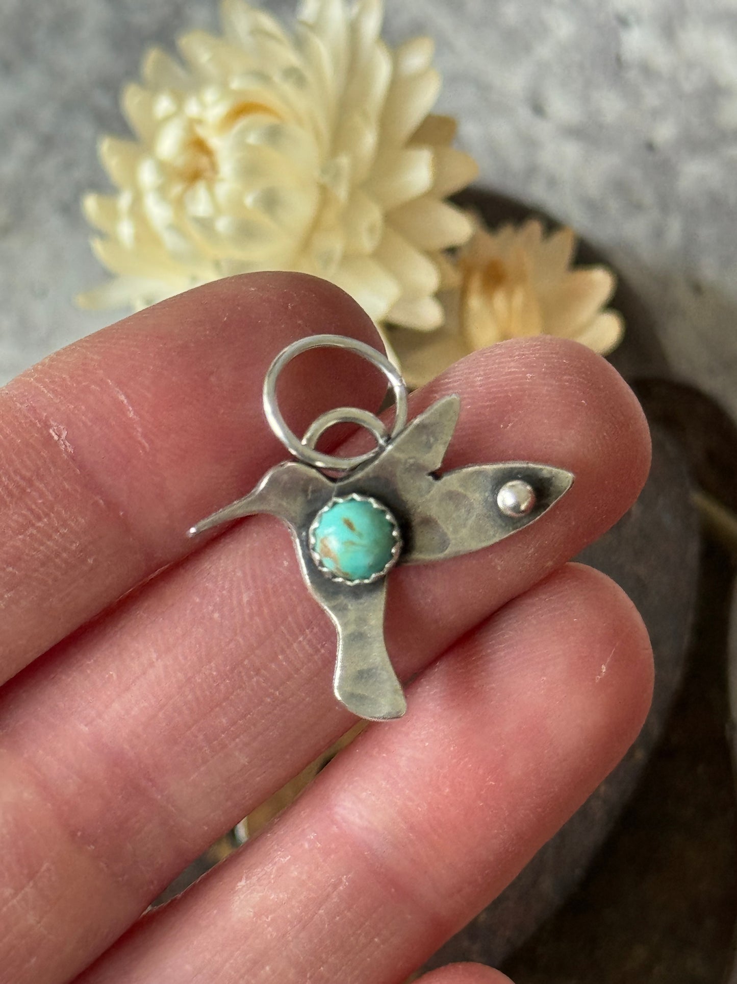 Hummingbird sterling charm with Kingman Turquoise