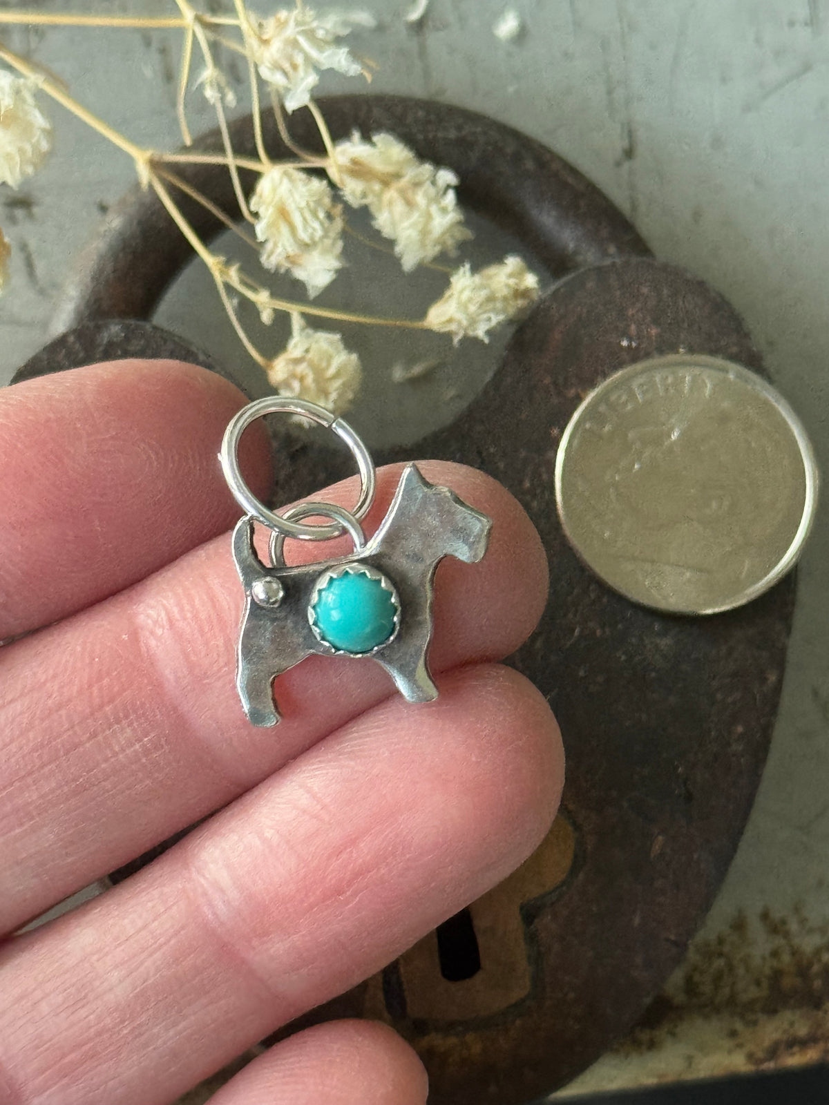 Terrier sterling charm with Kingman Turquoise