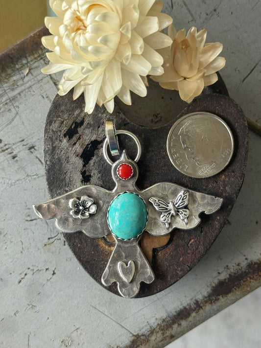 Mediterranean Coral and Carico Lake Turquoise sterling bird pendant