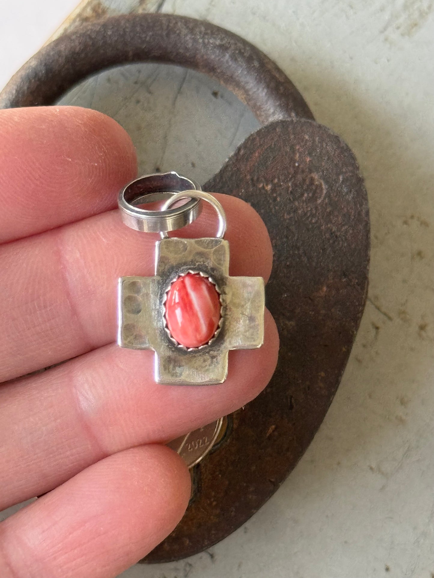 Red Spiny Oyster sterling cross pendant