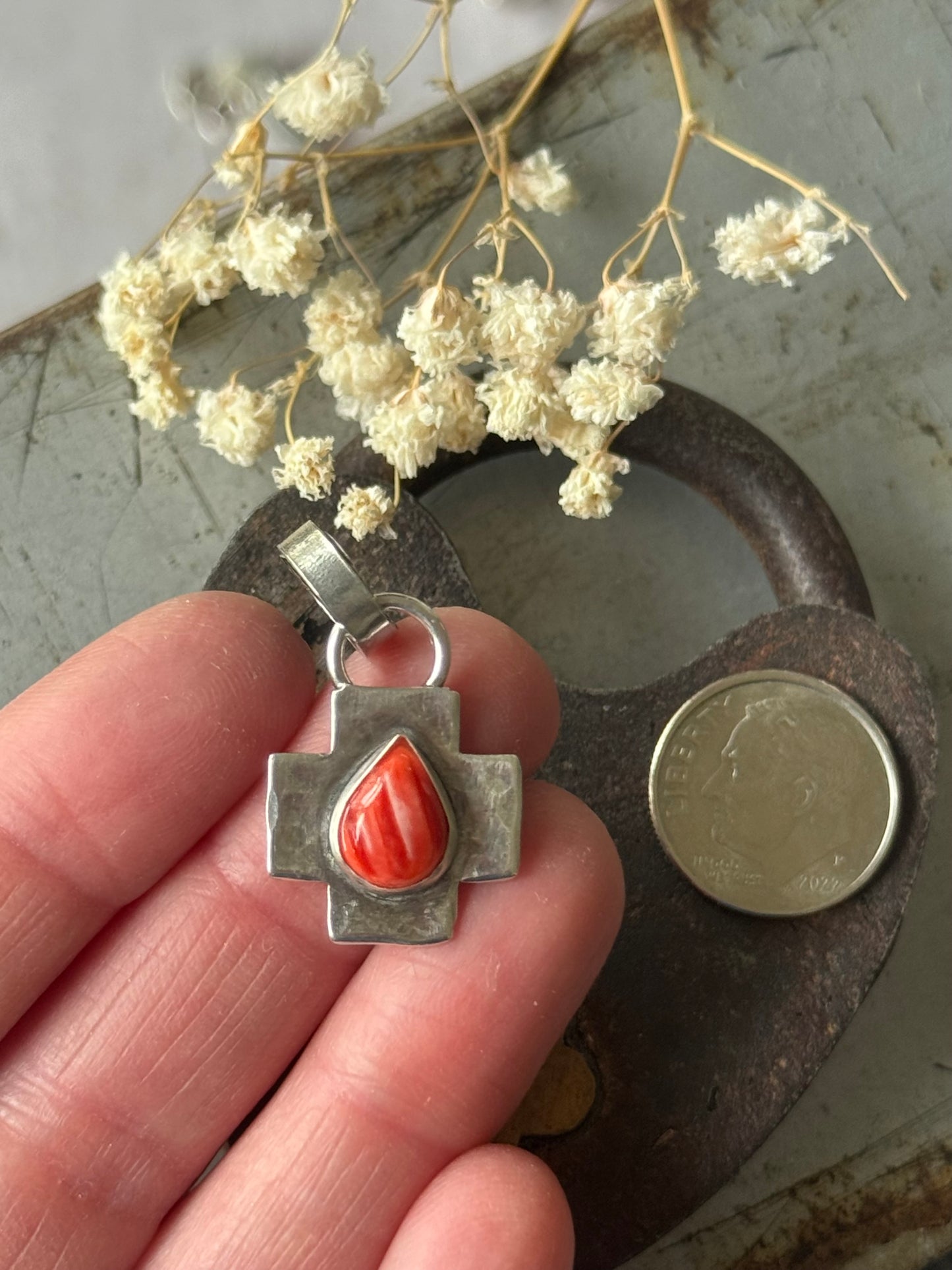 Red Spiny Oyster sterling cross pendant