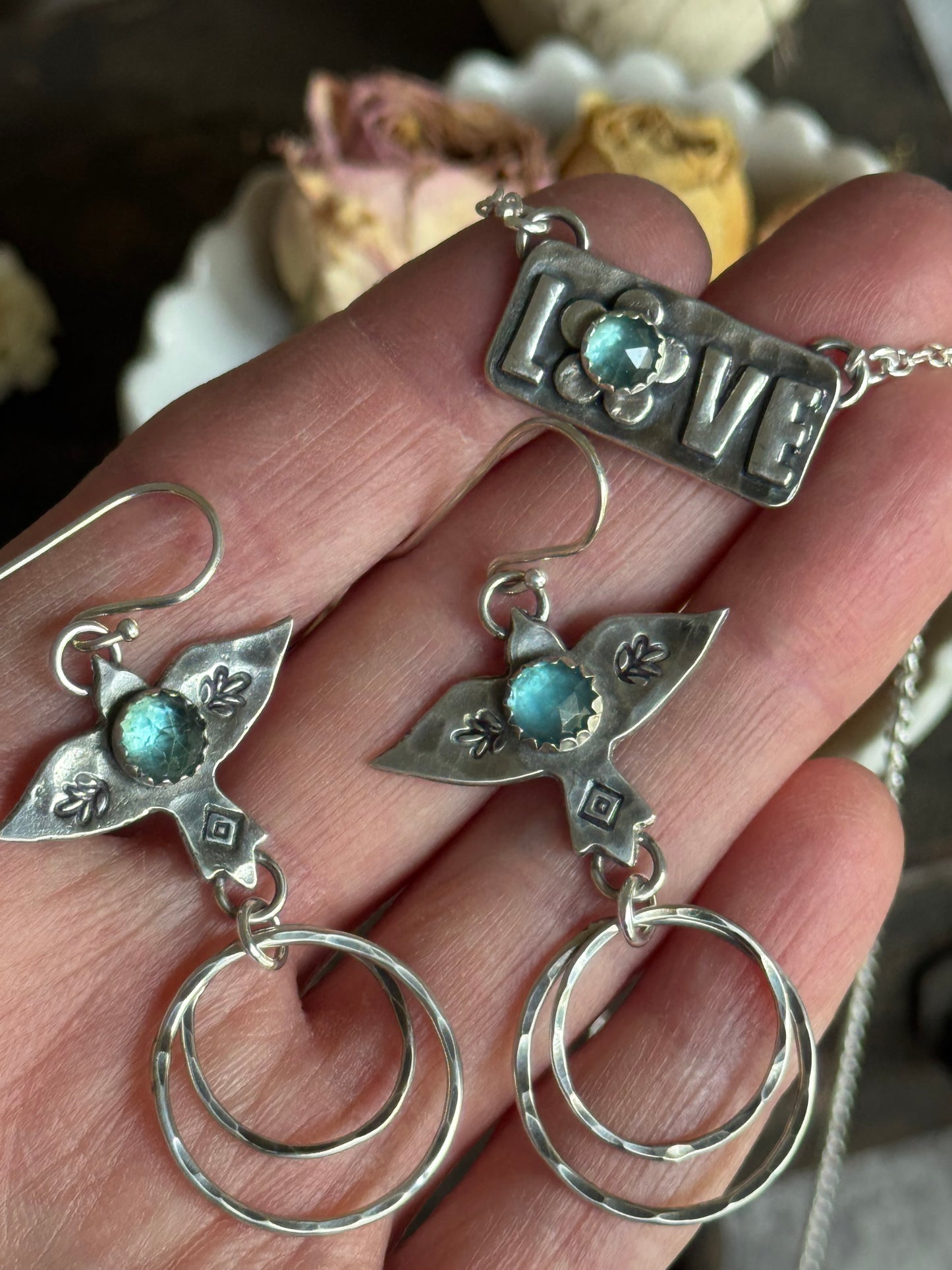 Teal Kyanite sterling hoop bird earrings