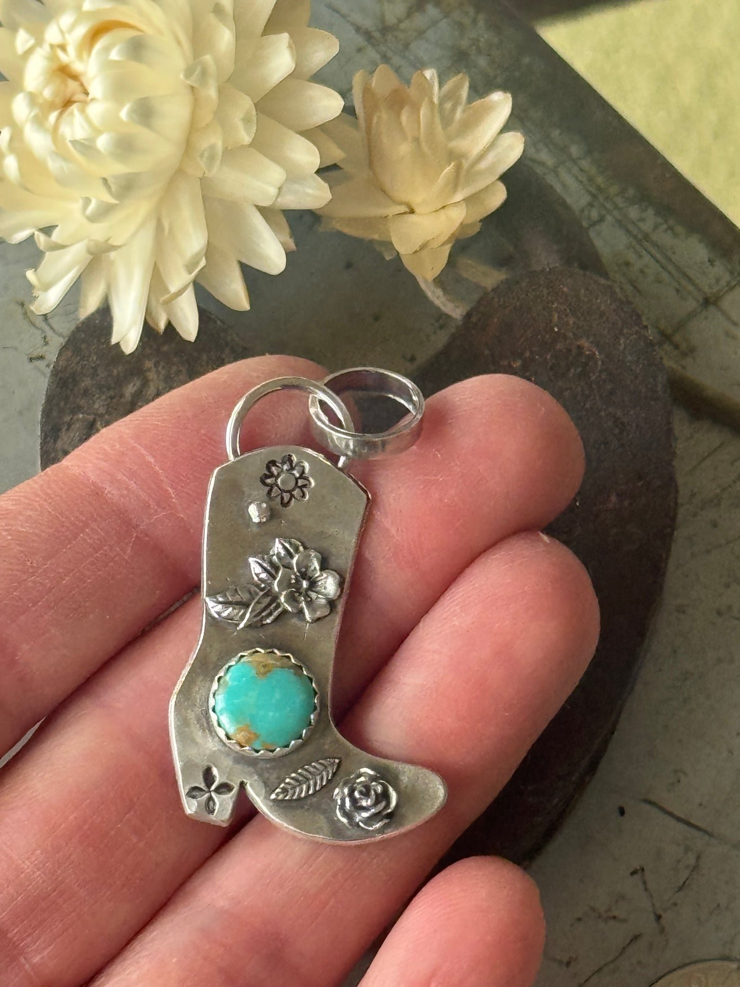 Cowgirl Boot sterling pendant with Lone Mountain Turquoise
