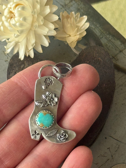 Cowgirl Boot sterling pendant with Lone Mountain Turquoise