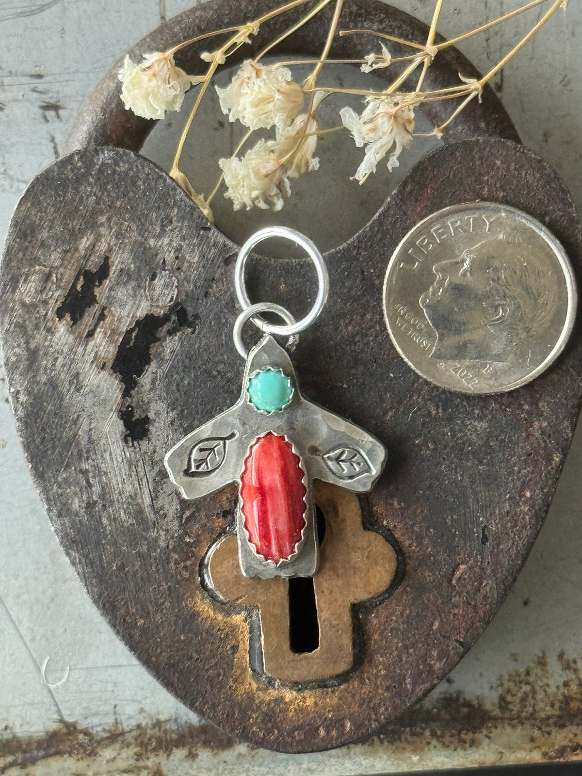 Flying birdie sterling pendant with Red Spiny Oyster