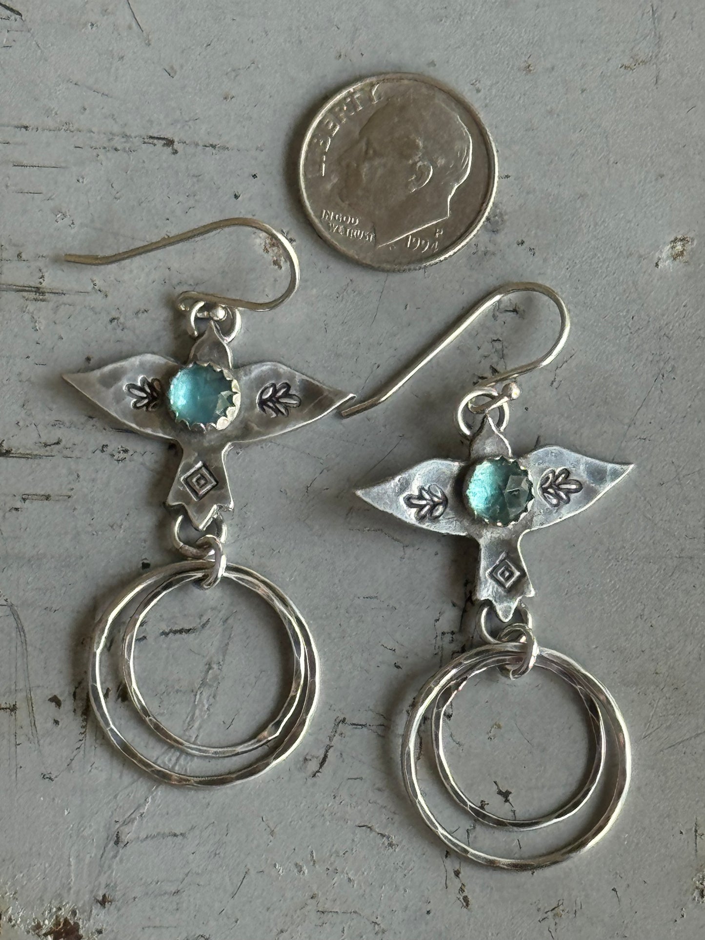 Teal Kyanite sterling hoop bird earrings