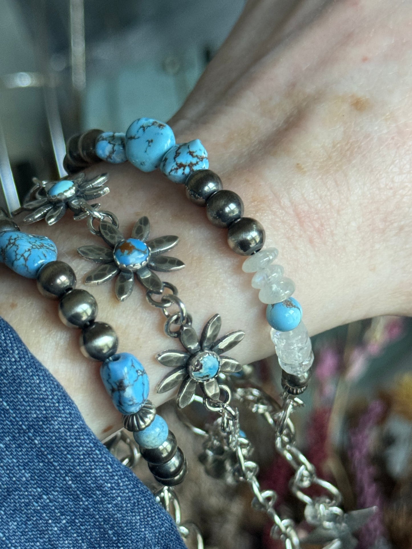 Artisan Golden Hills Turquoise and Navajo Pearl sterling bracelet