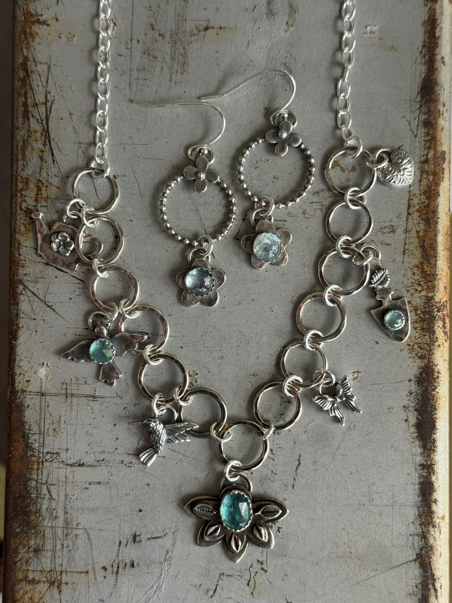 Garden sterling charm necklace with Kyanite, Blue Tourmaline and Aquamarine