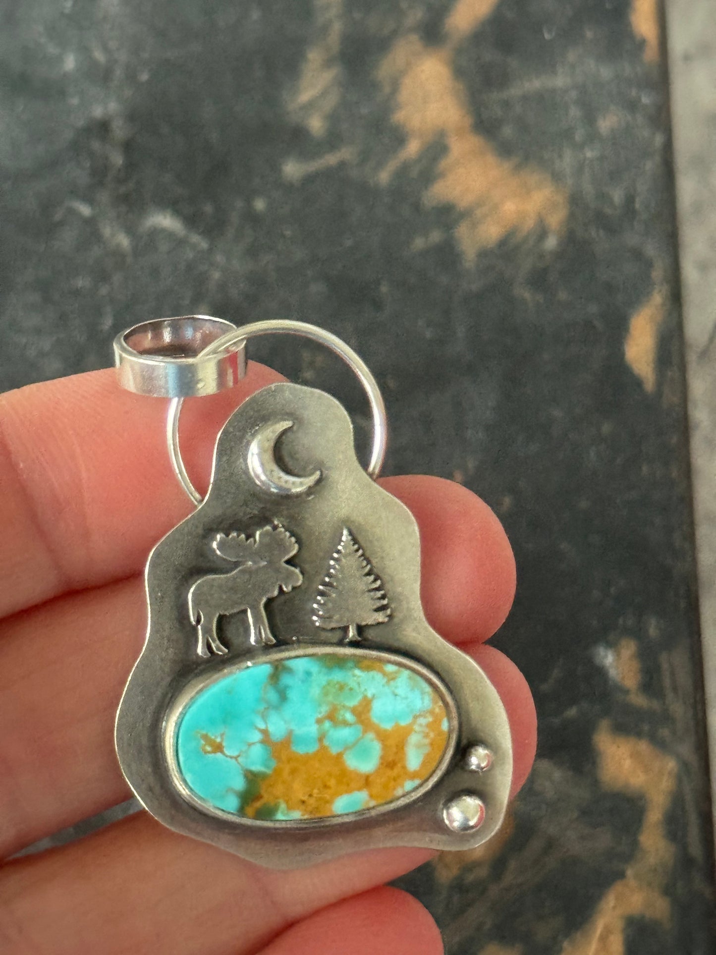 Royston Turquoise sterling Moose and Evergreen pendant