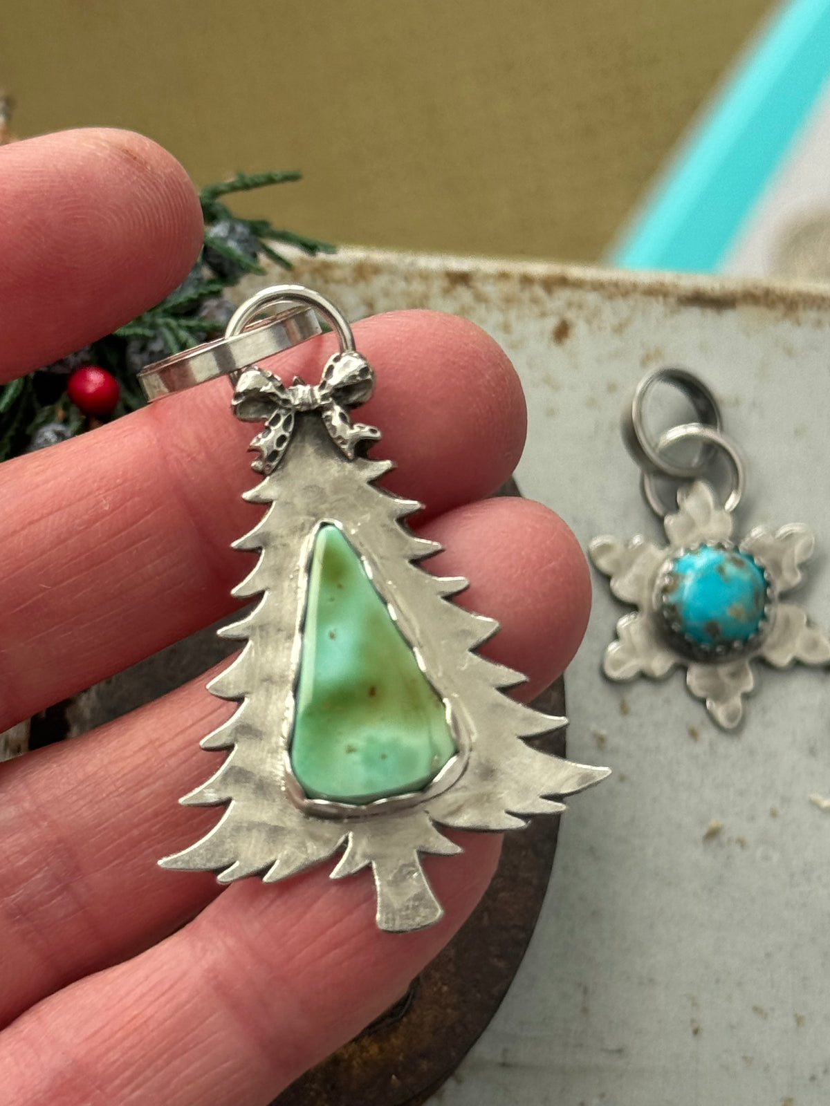 Christmas tree sterling pendant with Pilot Mountain Turquoise