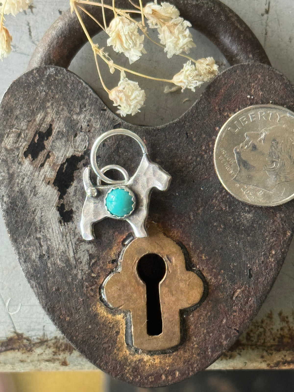 Terrier sterling charm with Kingman Turquoise