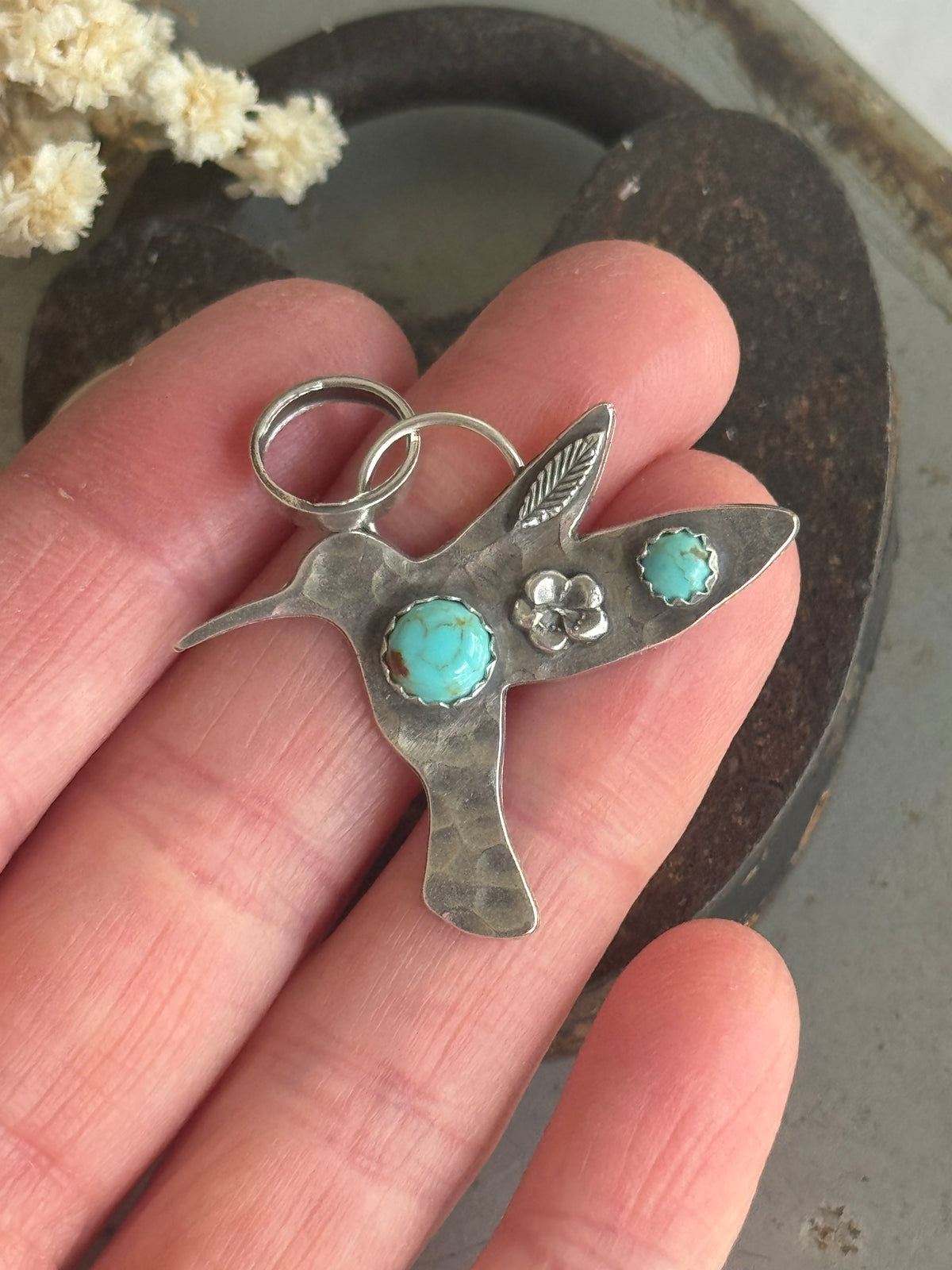 Hummingbird sterling pendant with Number 8 Turquoise