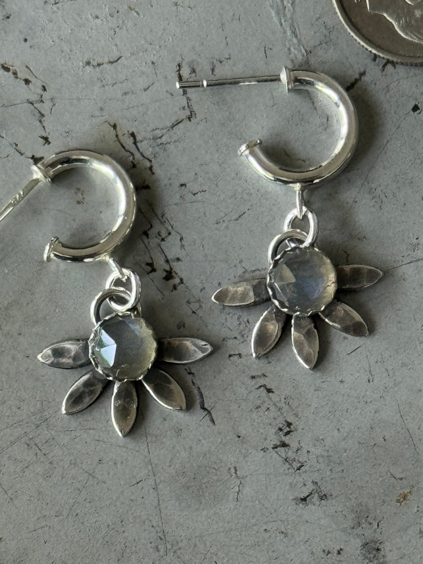 Labradorite Sterling flower hoop earrings