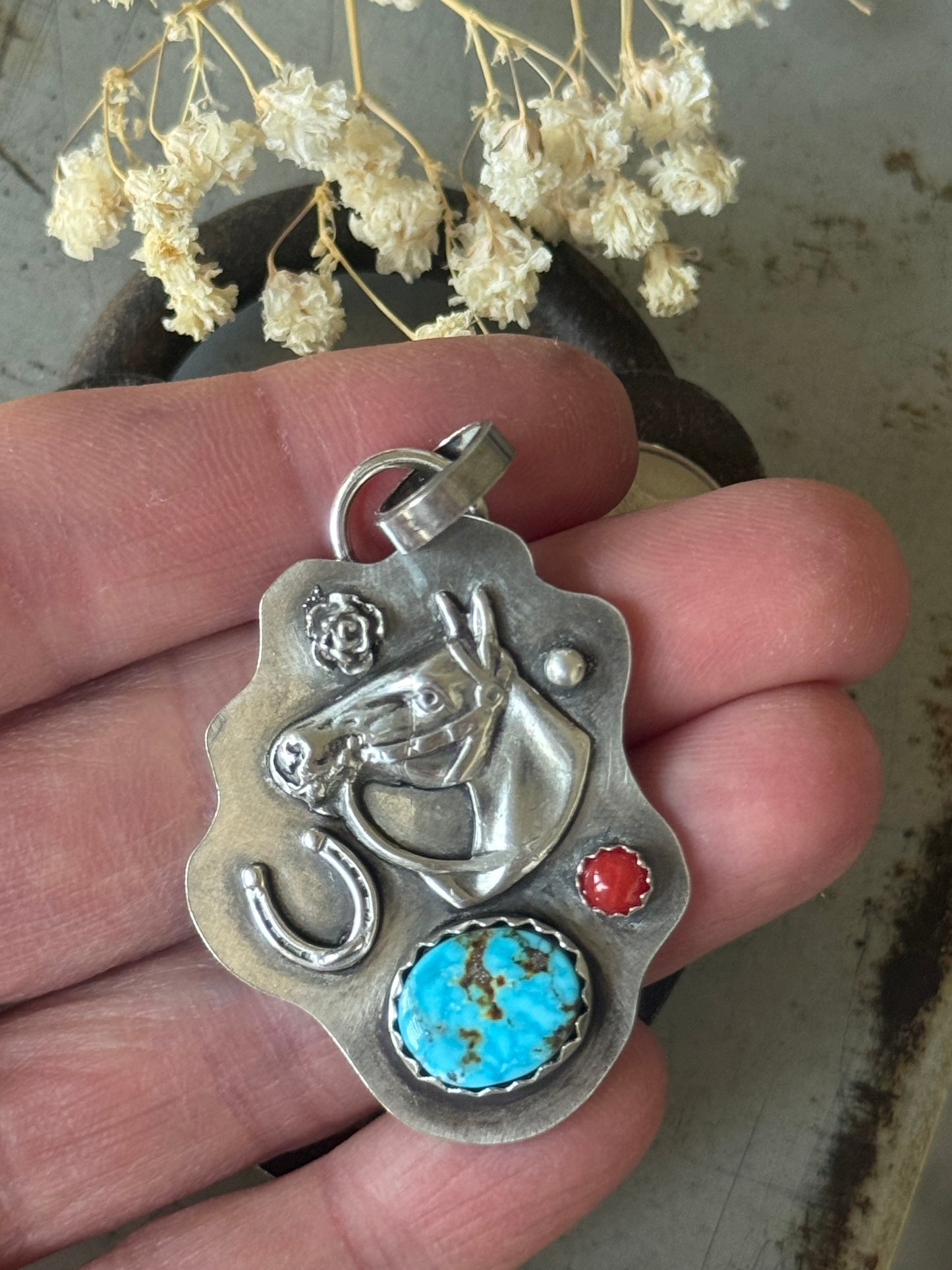 Kingman Turquoise and Coral  sterling horse and horseshoe pendant
