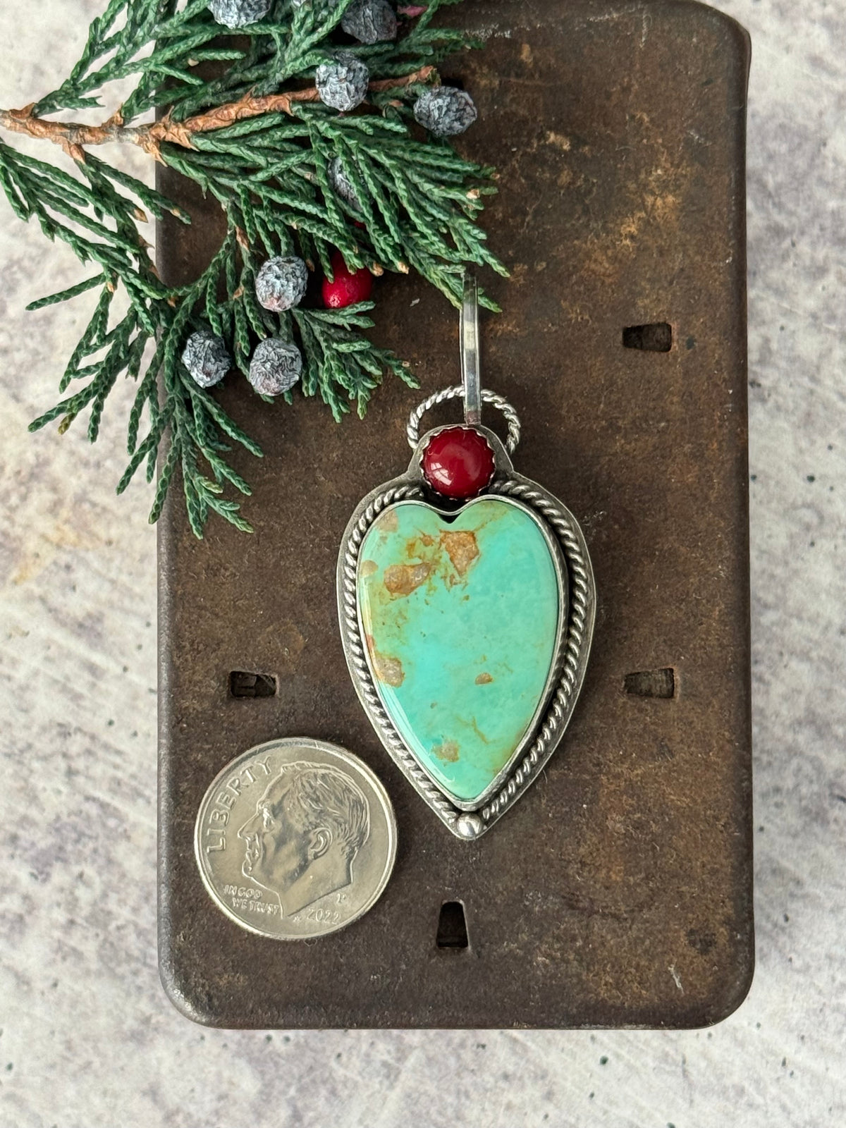 Kingman Turquoise sterling heart pendant with Mediterranean Coral