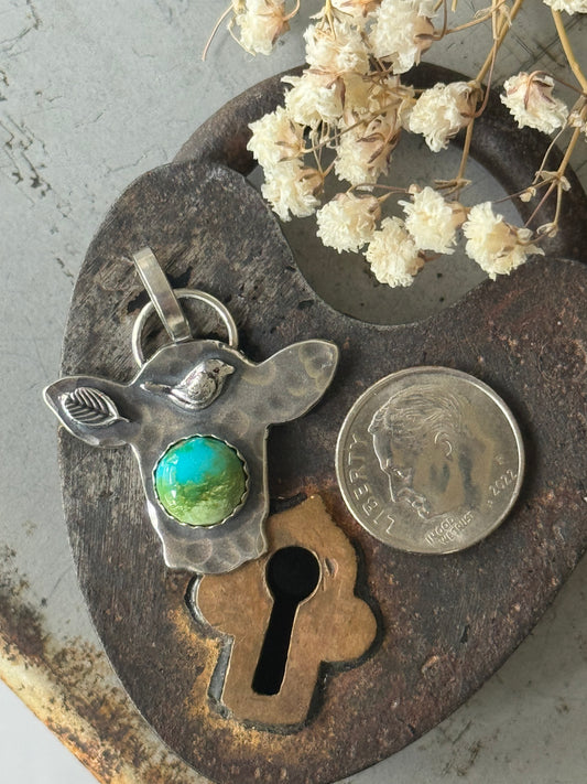 Sonoran Gold Turquoise sterling cow pendant