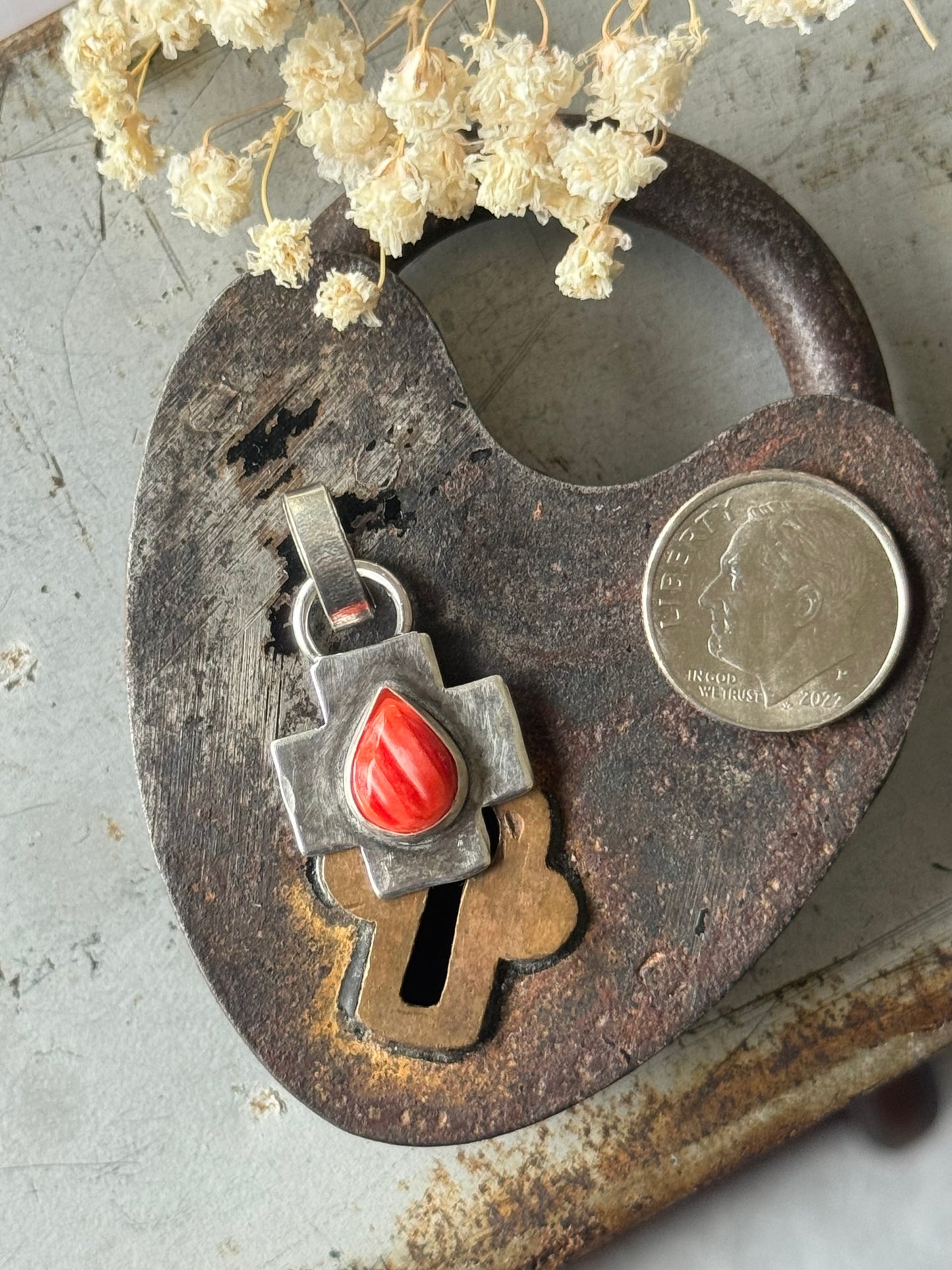 Red Spiny Oyster sterling cross pendant