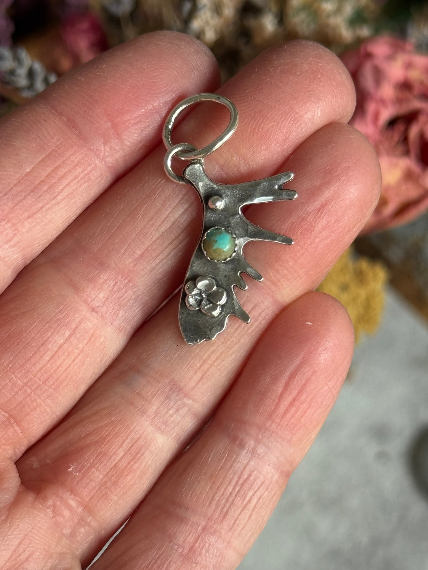 Kingman Turquoise sterling moose antler pendant