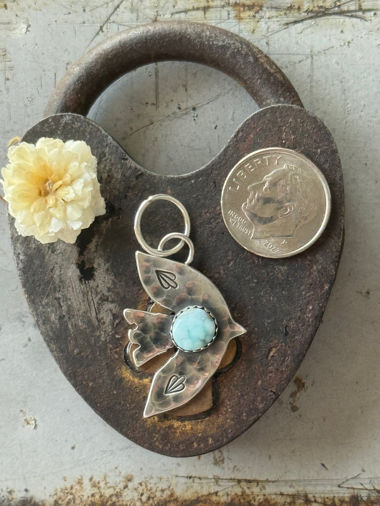 Bird sterling pendant with Dry Creek Turquoise