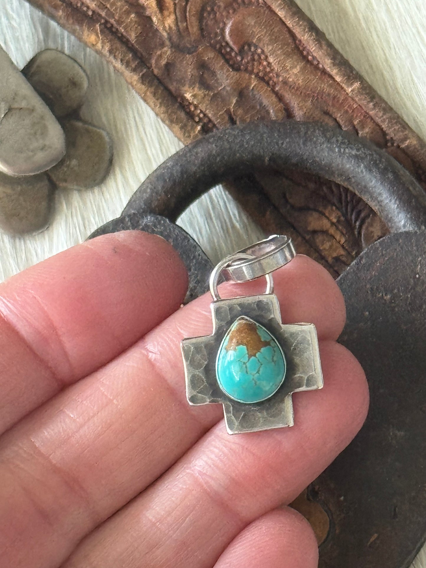 Sterling cross pendant with Number 8 Turquoise