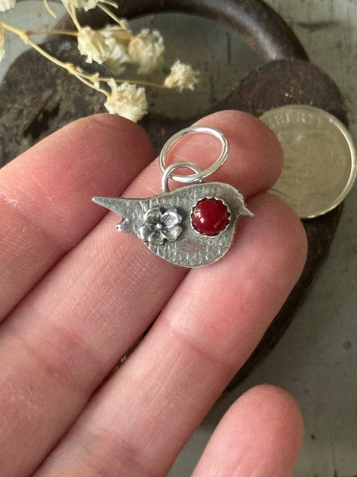 Sweet birdie sterling pendant with Mediterranean Coral