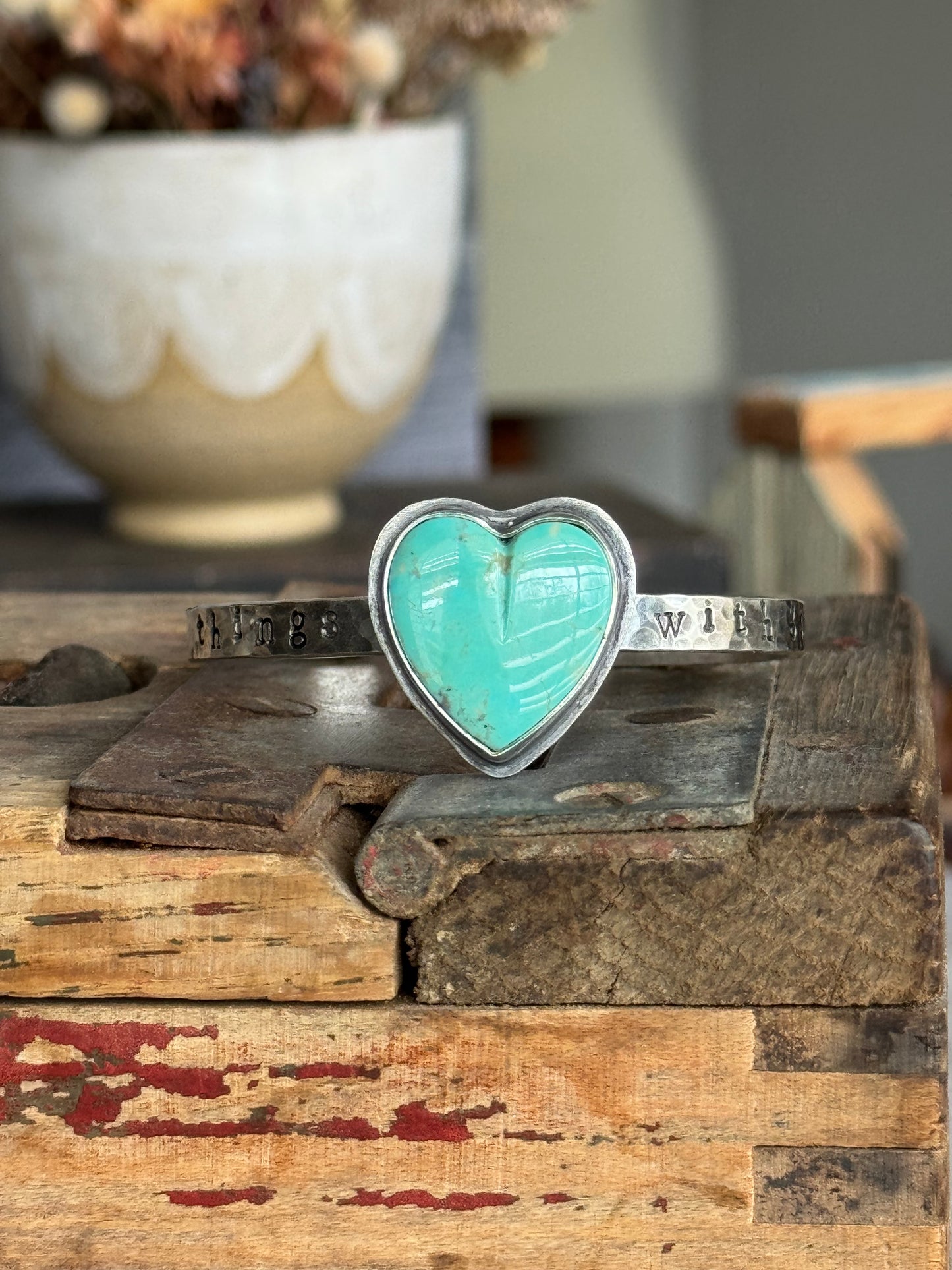Kingman Turquoise heart "do small things with great love" sterling cuff
