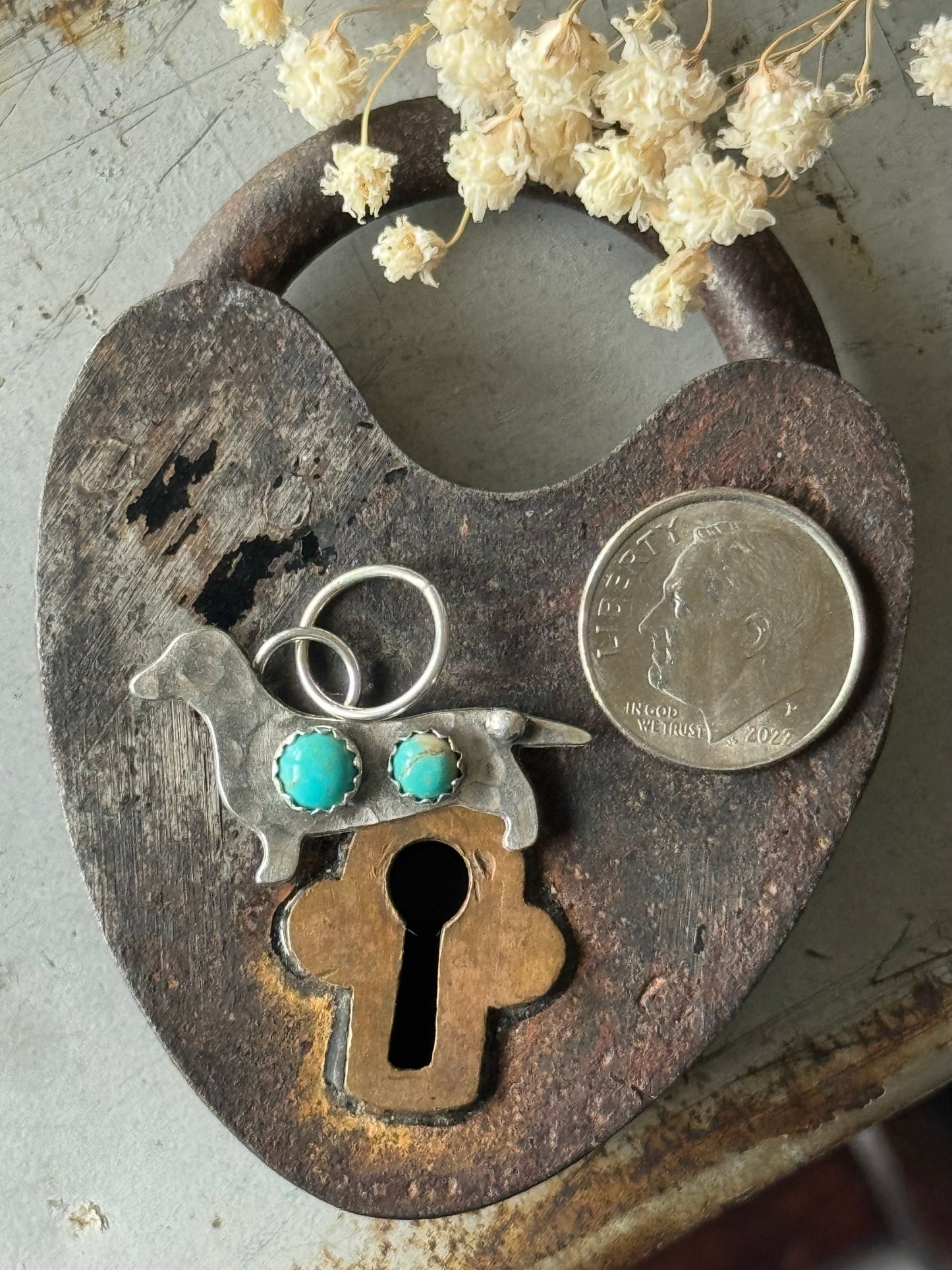 Dachshund sterling pendant with Kingman Turquoise