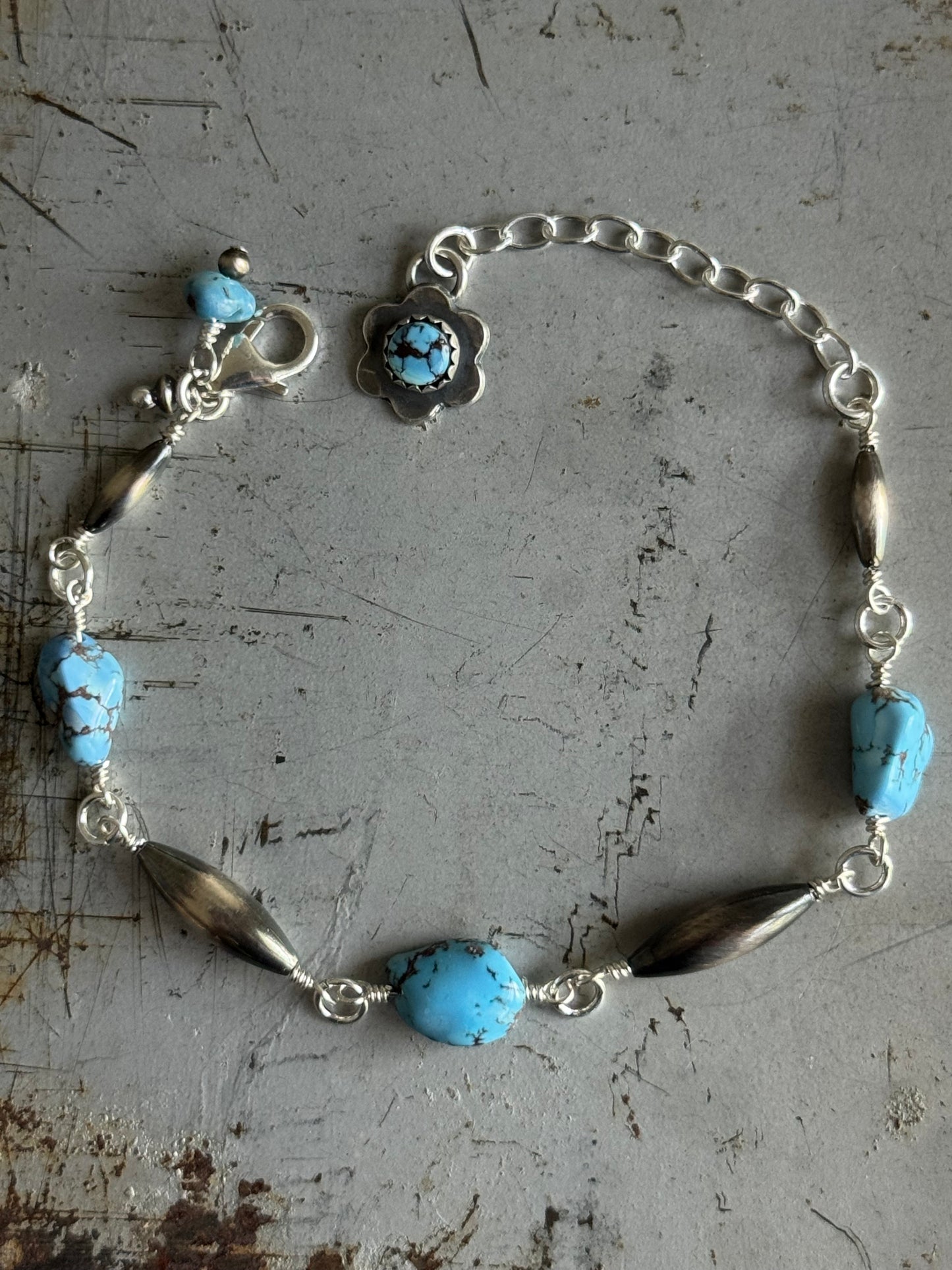 Artisan Golden Hills Turquoise hand wired sterling bracelet