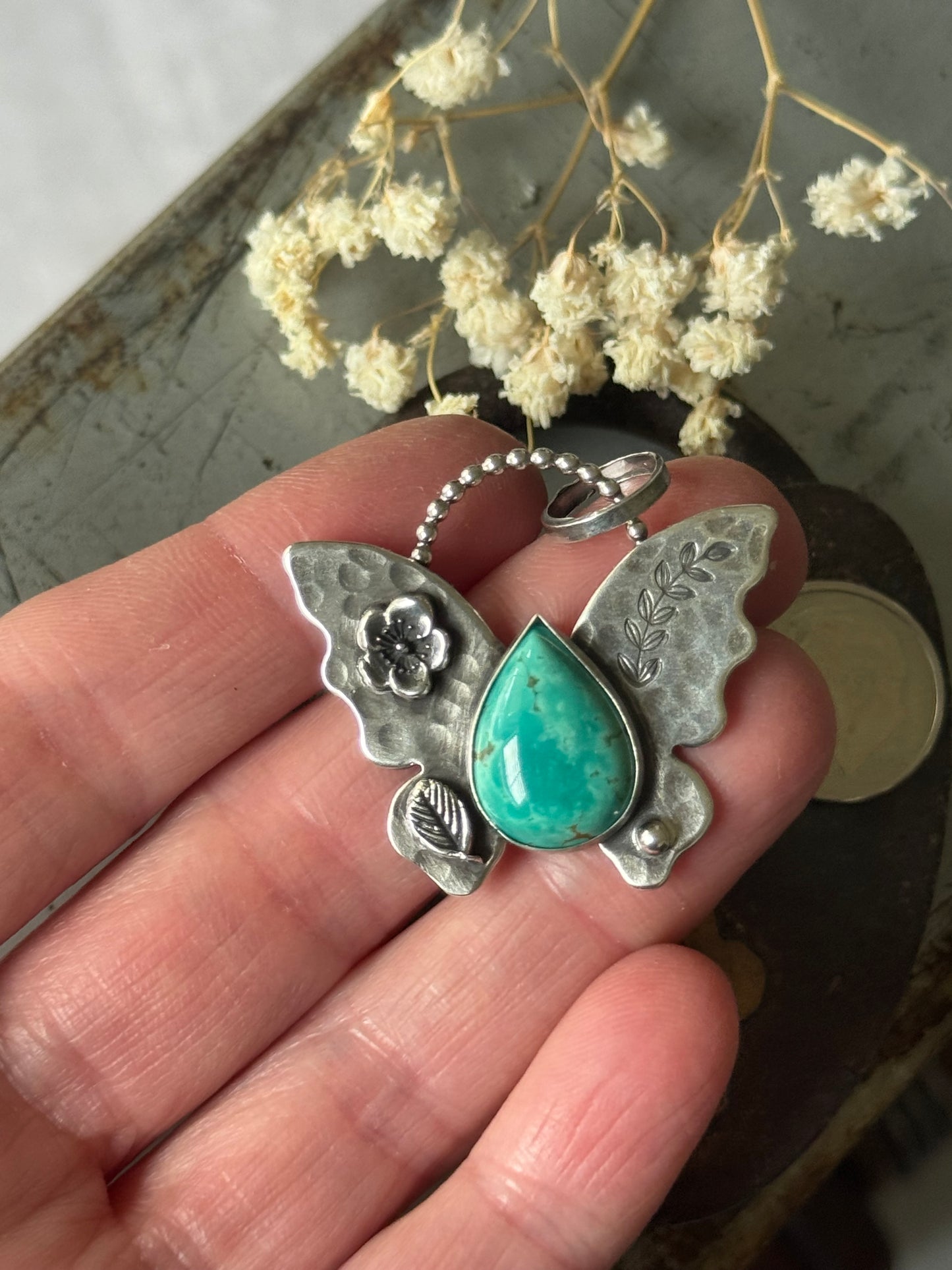 Sterling Butterfly Pendant with Campitos Turquoise