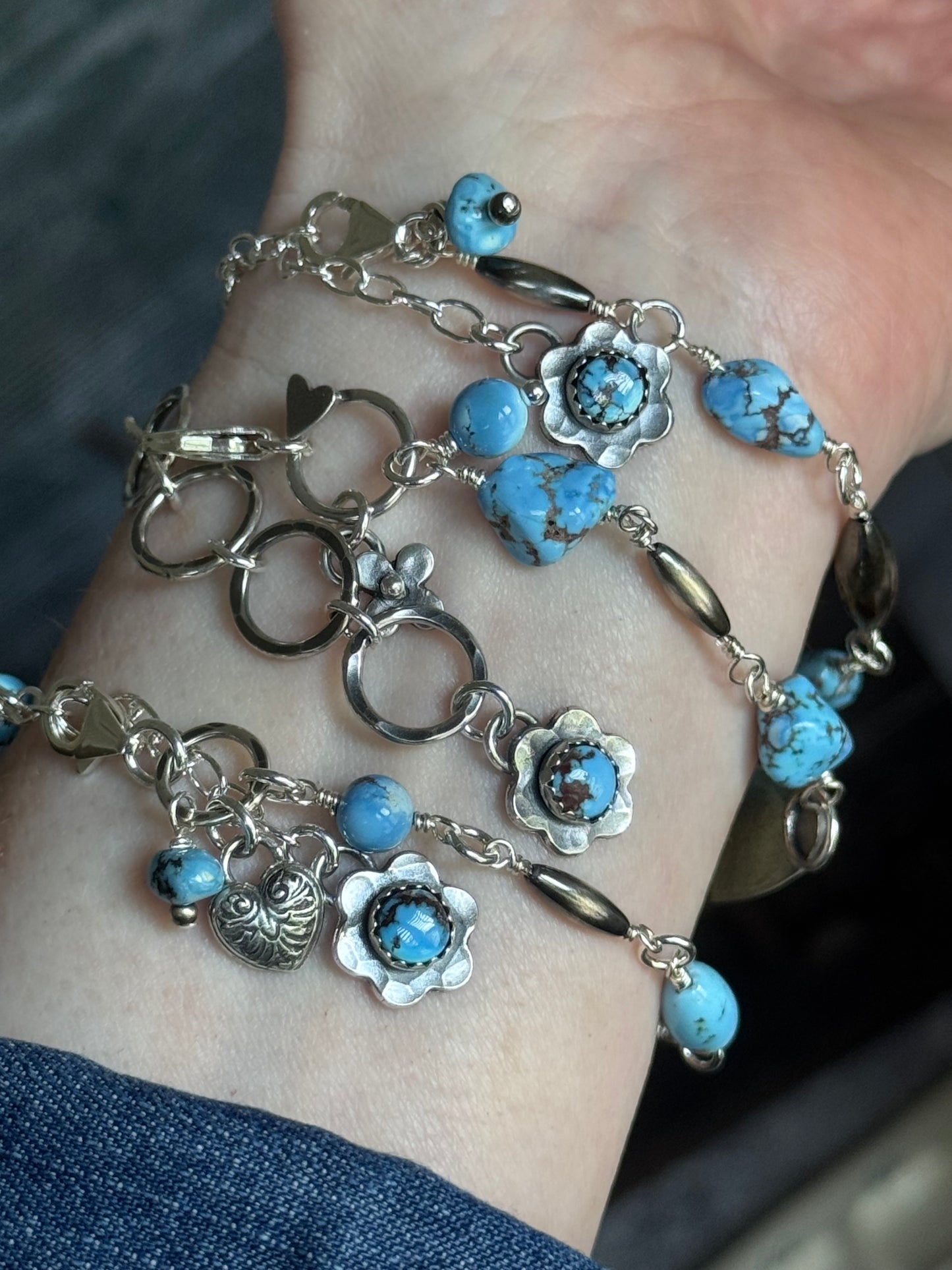 Artisan Golden Hills Turquoise and Rainbow Moonstone sterling bracelet