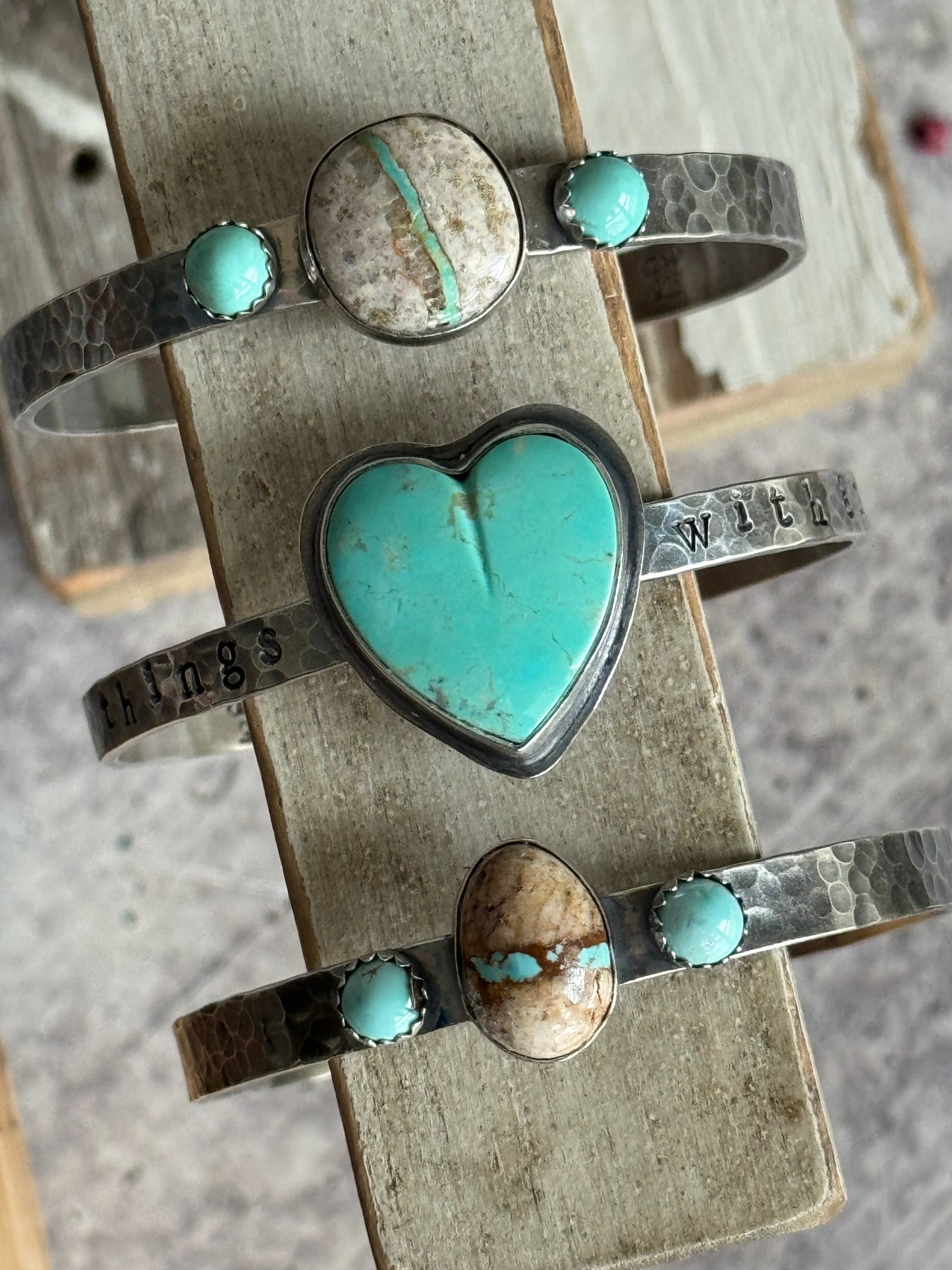 Kingman Turquoise heart "do small things with great love" sterling cuff