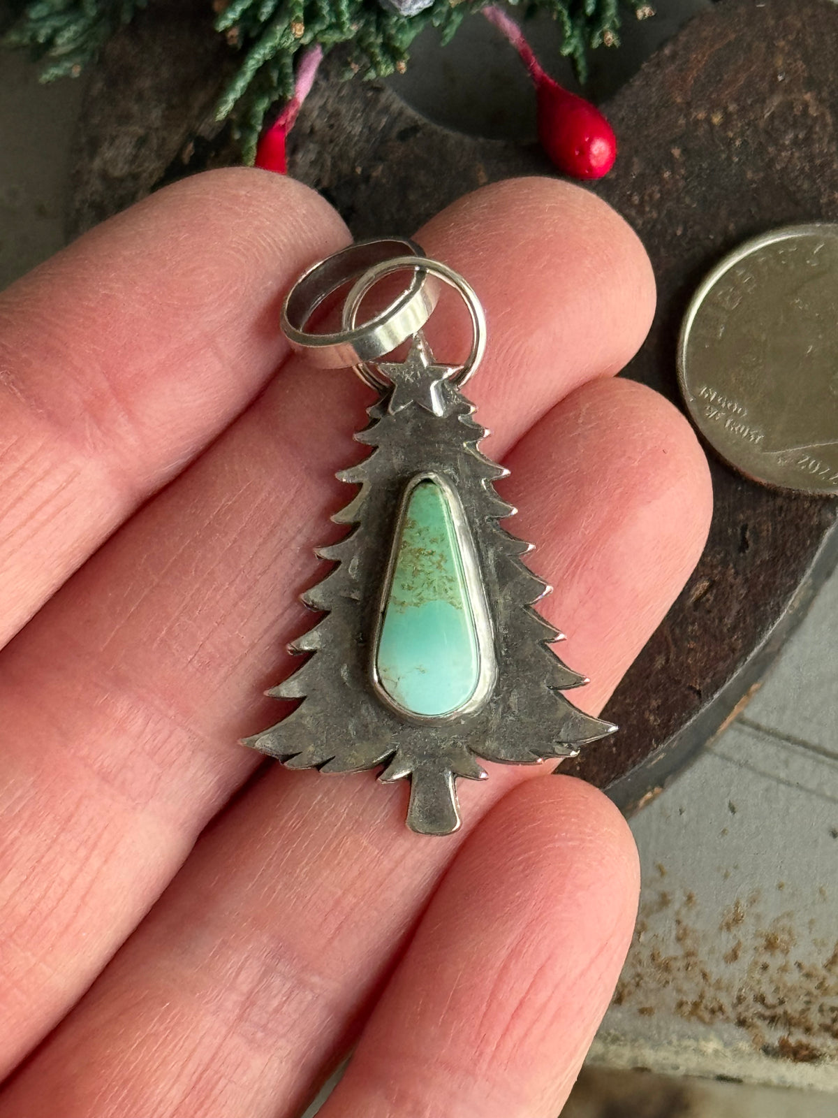Small Christmas tree sterling pendant with Pilot Mountain Turquoise