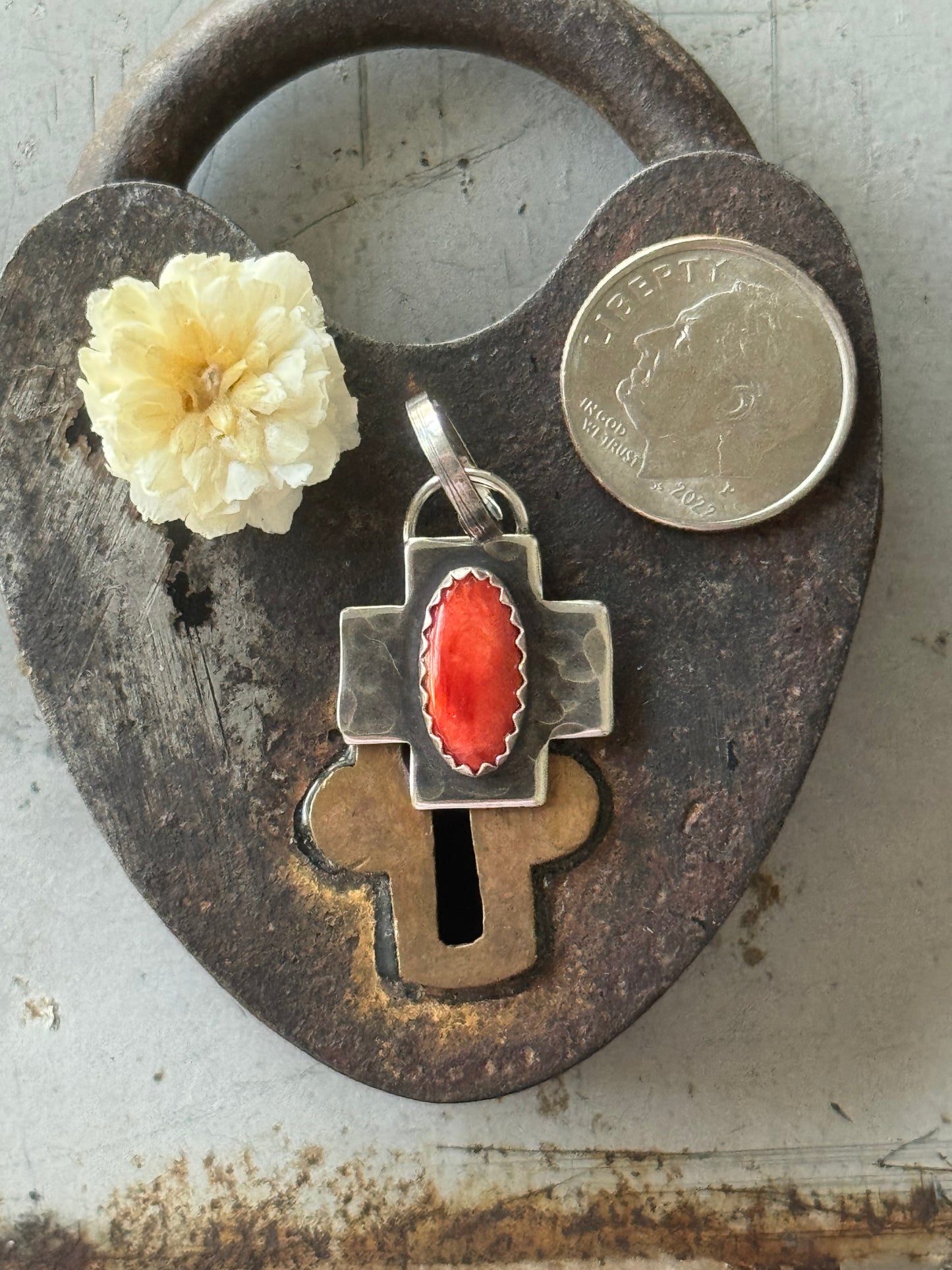 Red Spiny Oyster sterling cross pendant