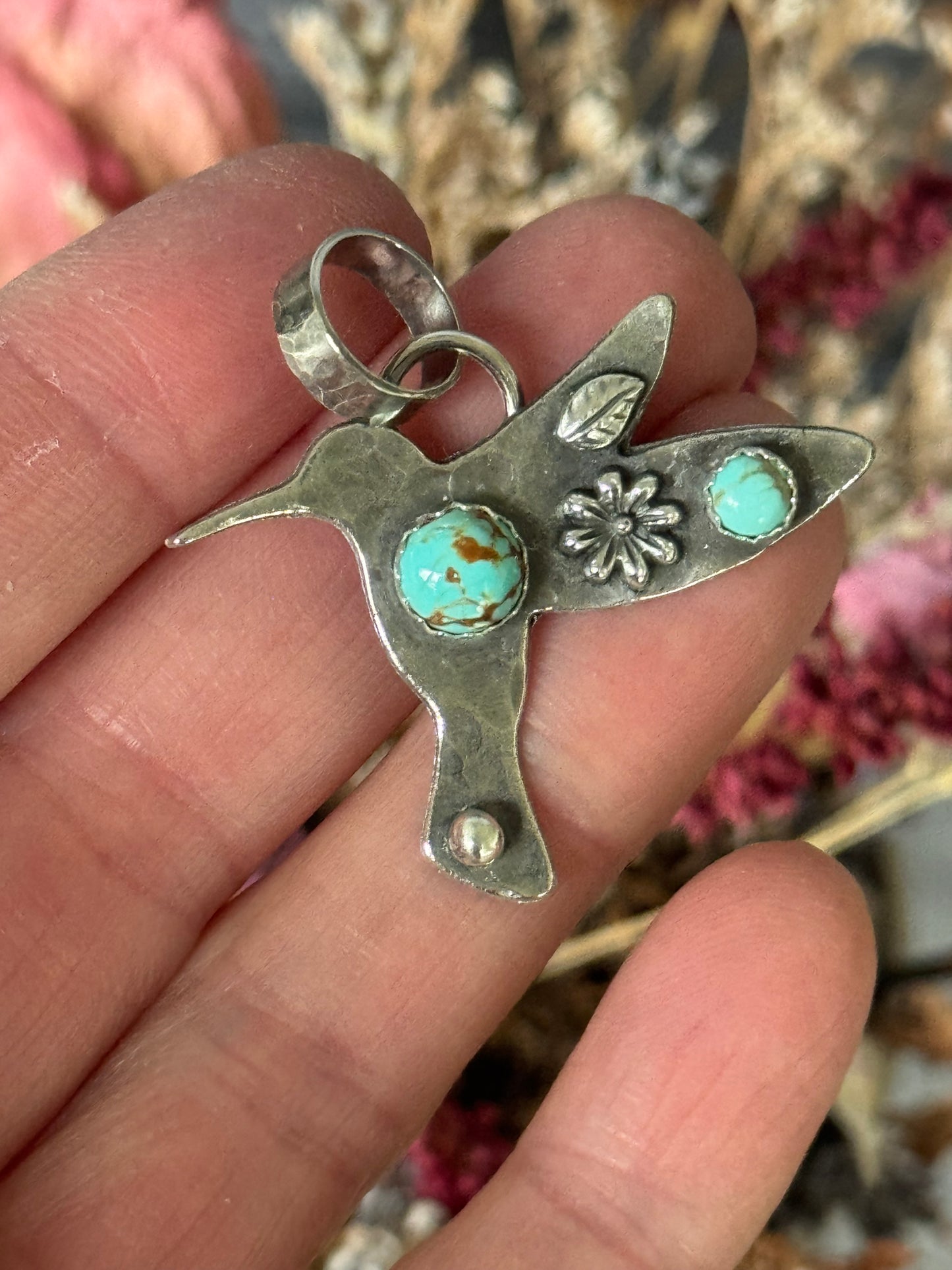 Number 8 Turquoise sterling hummingbird pendant