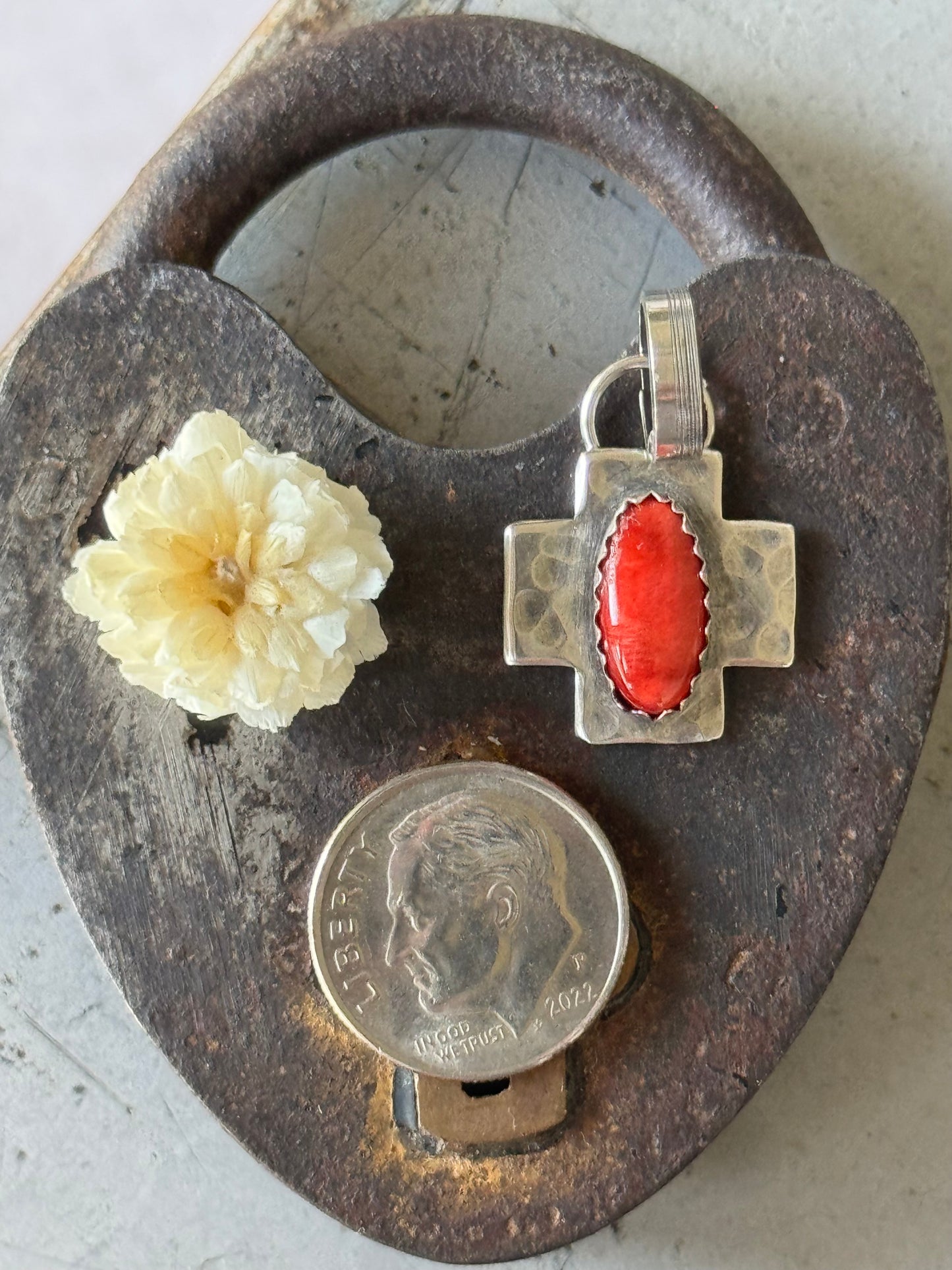 Red Spiny Oyster sterling cross pendant